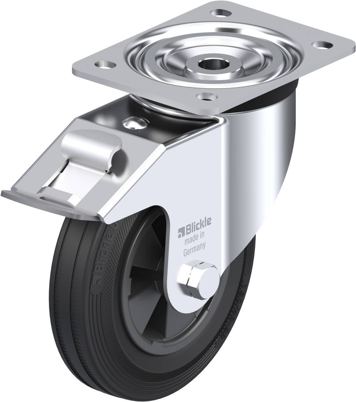 Rollenrad aus Metall mit schwarzem Gummirad, geeignet für Möbel oder Transportgeräte.