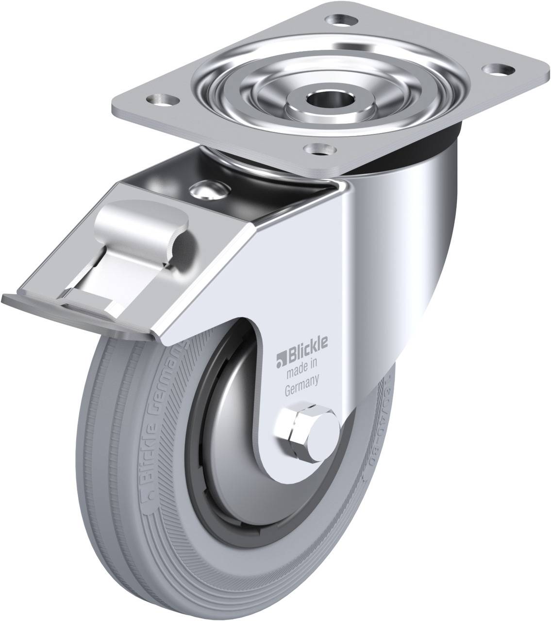 Abbildung einer schwenkbaren Rolle mit Befestigungsplatte. Die Rolle hat einen grauen Reifen und ist aus Aluminium gefertigt.