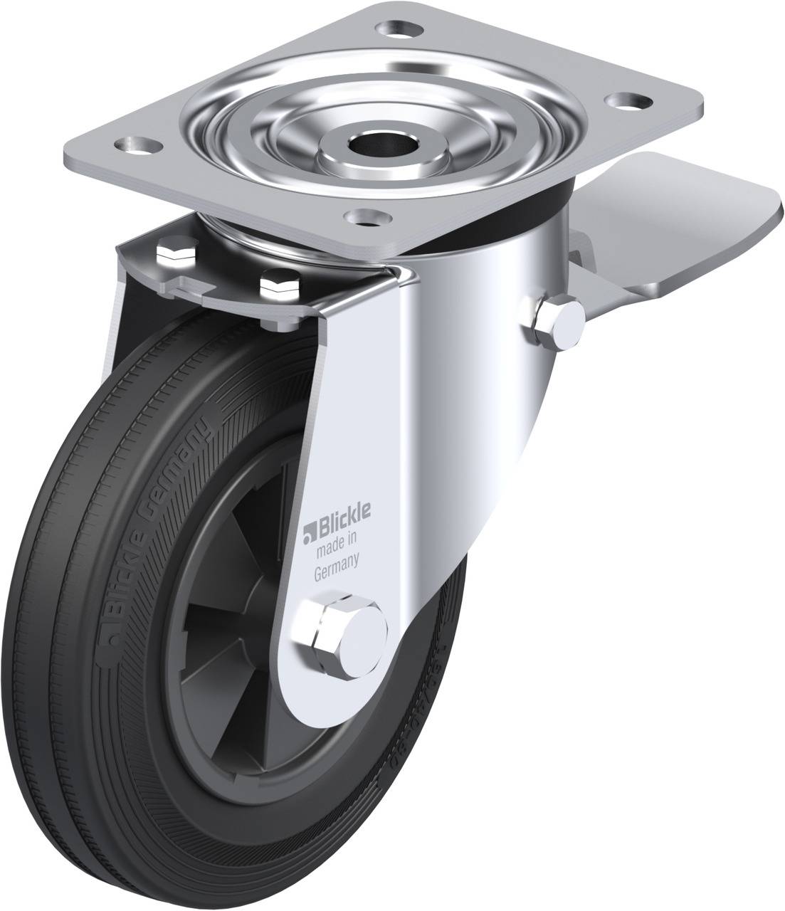 Rolle mit Metallplatte und Rad aus schwarzem Kunststoff, seitlicher Stopper; geeignet für Möbel oder Transportgeräte.