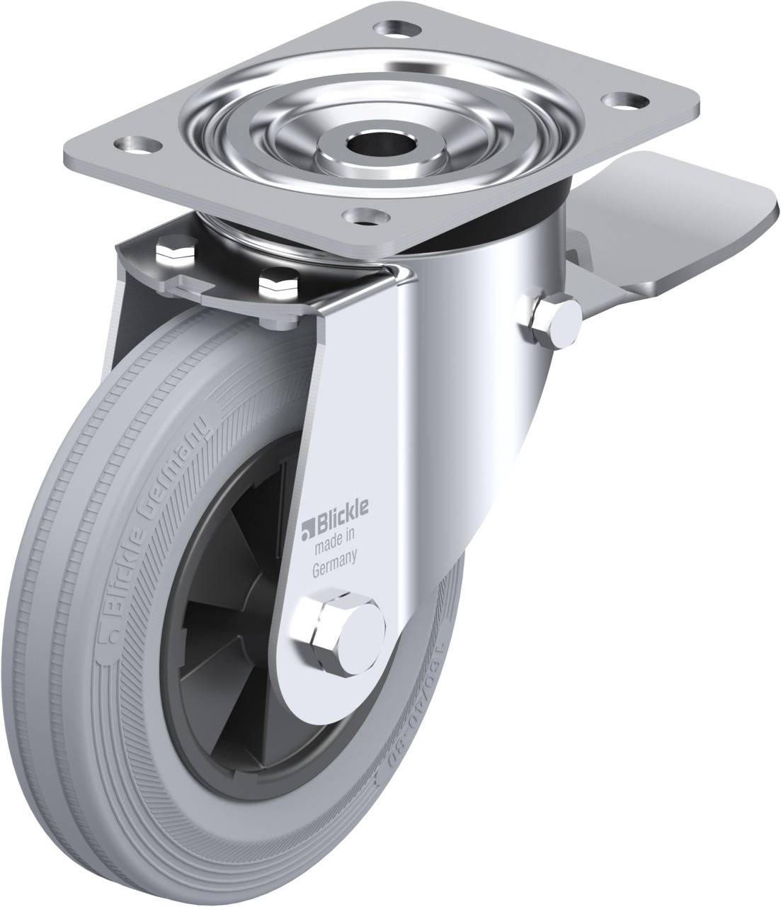 Metallisches Schwenkrollengehäuse mit grauem Rad aus Kunststoff und Befestigungsplatte.