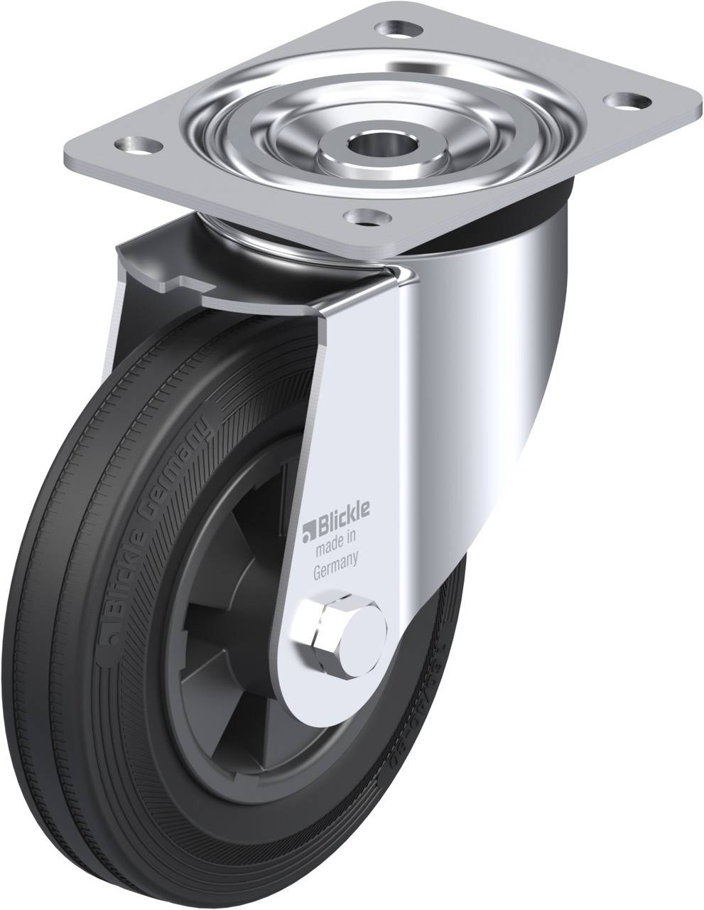 Industrie-Lenkrolle mit schwarzem Rad und silberner Halterung aus Metall, geeignet für schwere Lasten, hergestellt in Deutschland.