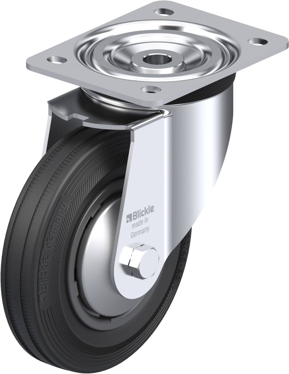 Drehbares Bockrolle mit schwarzem Gummirad und silbernem Gehäuse, geeignet für Trolleys oder Möbel.