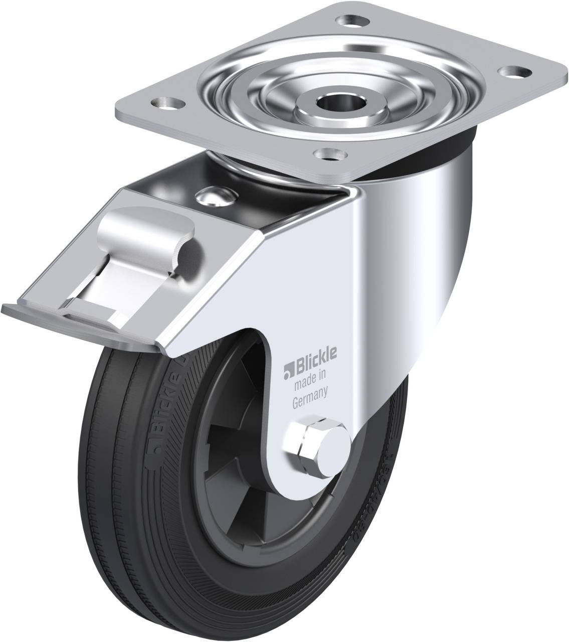 Metallisches Lenkrollenrad mit Befestigungsplatte, schwarzer Gummirolle und verchromter Halterung. Aufschrift 'Blickle made in Germany'.