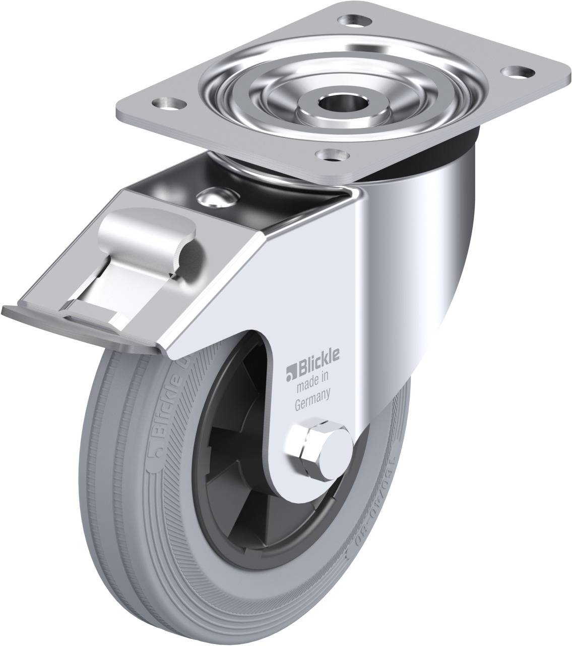 Metallisches schwenkbares Laufrollenrad mit grauer Gummibereifung und Halterung. Aufschrift 'Blickle made in Germany'.