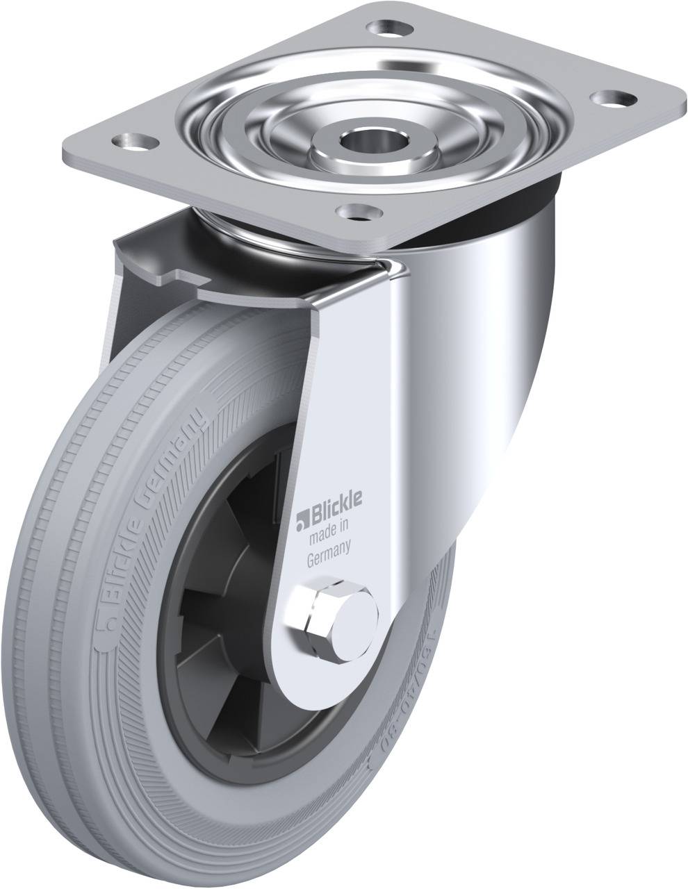 'Blickle' Lenkrolle aus Metall mit grauem Rad.