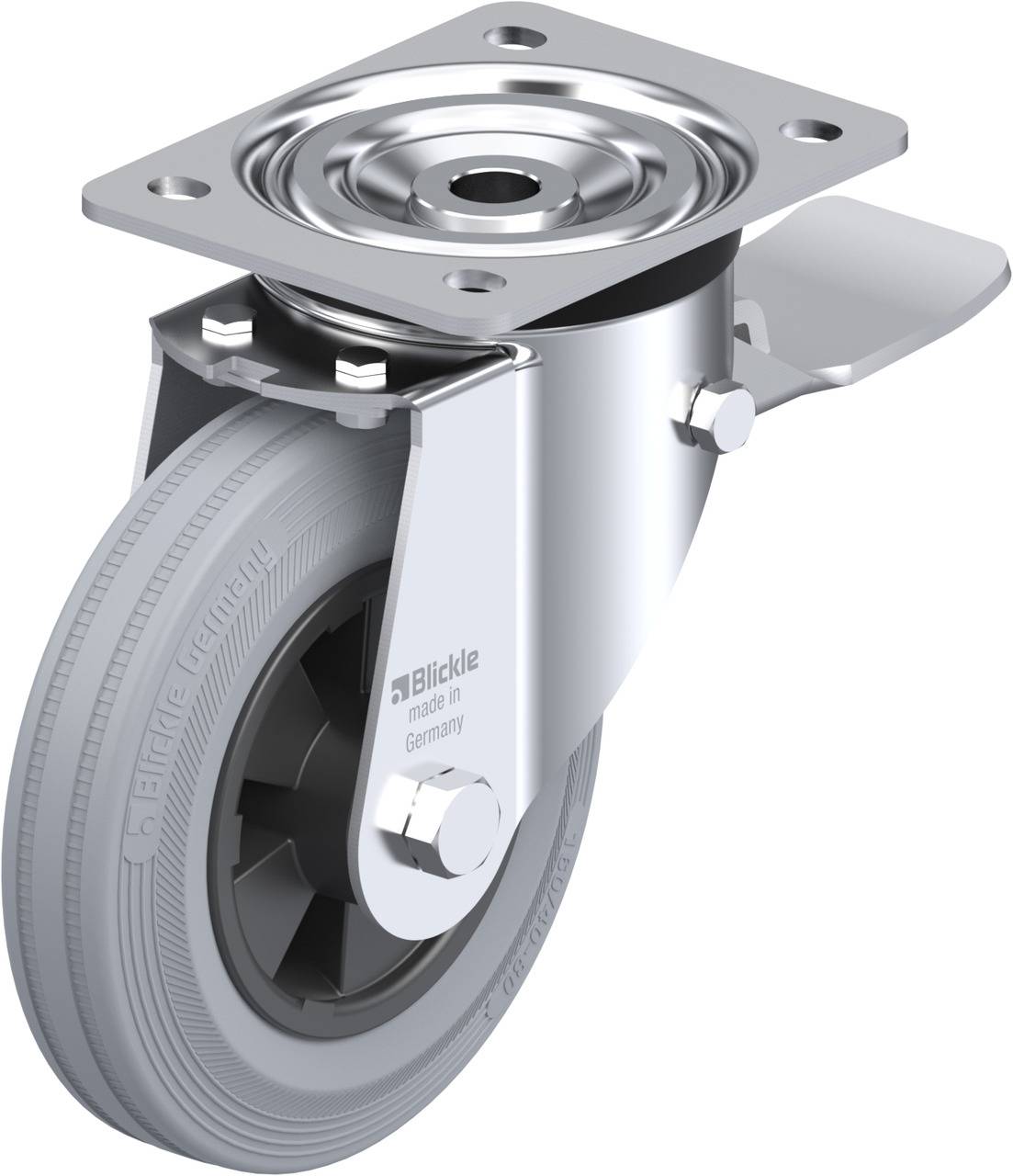 Metallrolle mit Halterung und grauem Rad. Auf der Seite steht 'Blickle, made in Germany'. Geeignet für industrielle Anwendungen.