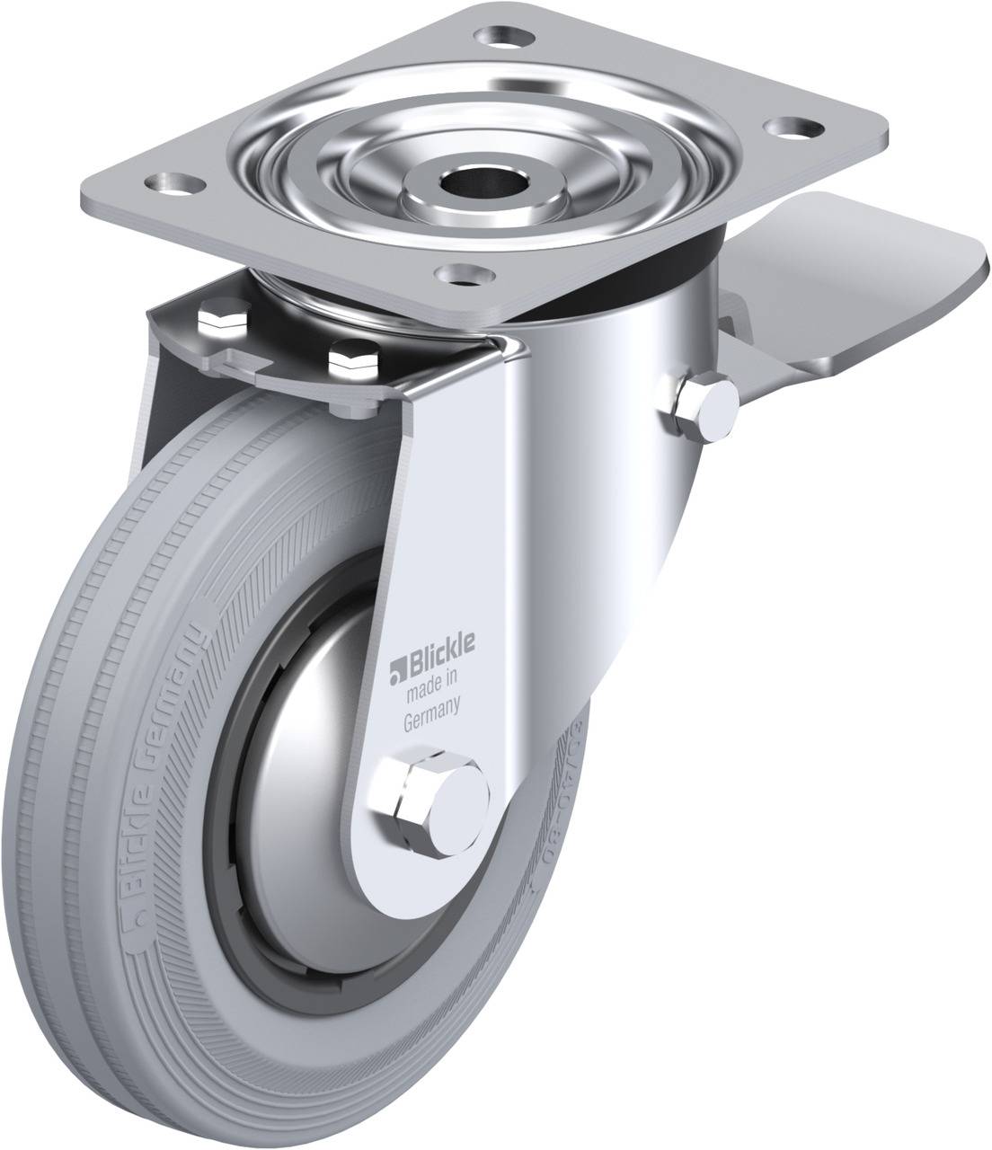 Ein drehbares Rollenlenkrad aus Metall und Gummi, mit einer Befestigungsplatte oben, industrielles Design, graue Farbgebung.
