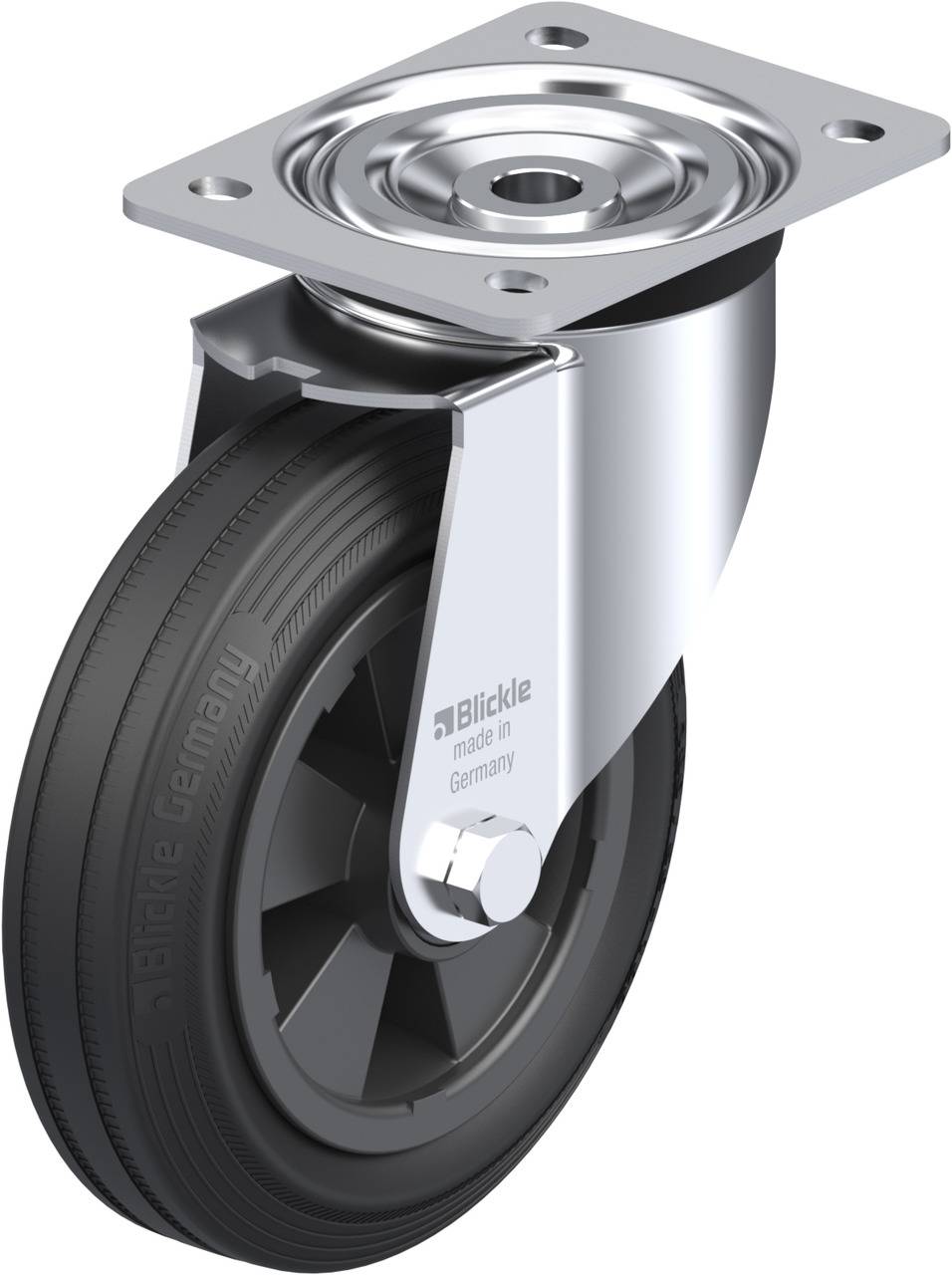 Graues Schwenkrolle mit schwarzem Gummirad, montiert an Metallplatte. Aufschrift 'Blickle made in Germany'.