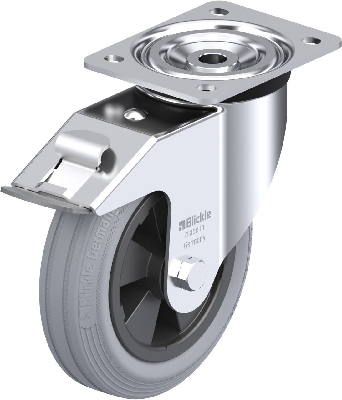Ein schwenkbares Edelstahlrad mit grauer Gummibereifung und Montageplatte, nützlich für die Mobilität von Möbeln oder Geräten.