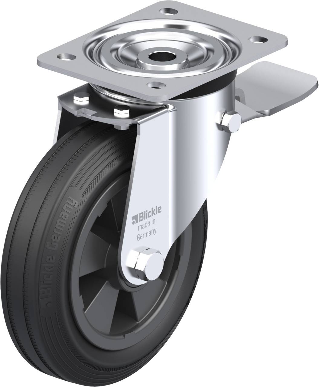Industrie-Lenkrolle mit Befestigungsplatte, schwarzem Gummi-Reifen und Metallgehäuse. Geeignet für Transportgeräte.