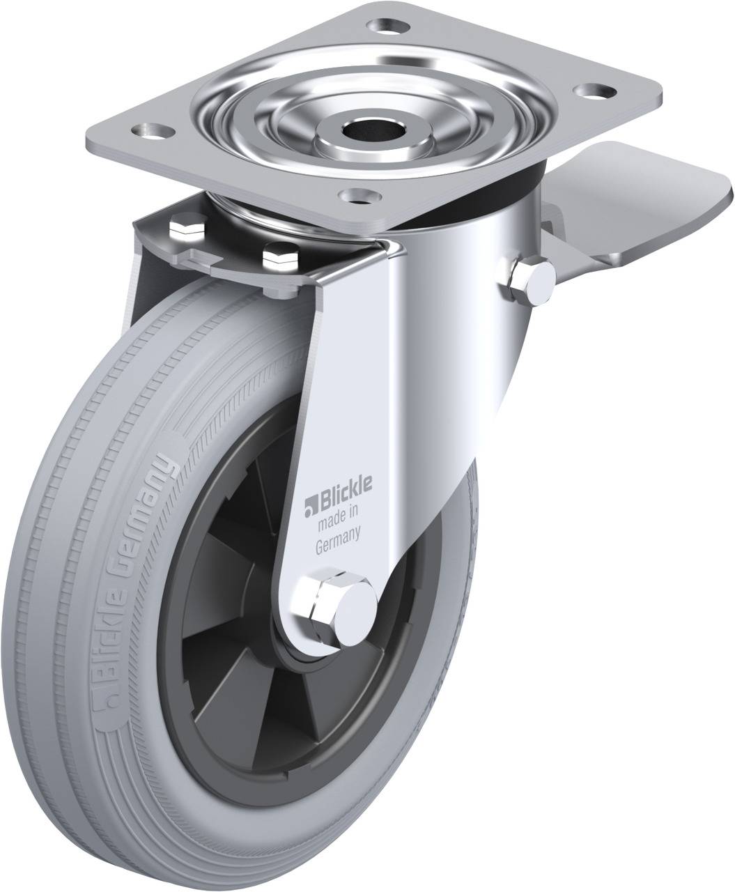 Eine graue Lenkrolle mit Gehäuse aus Metall. Auf der Seite steht 'Blickle made in Germany'. Die Rolle ist großzügig dimensioniert.