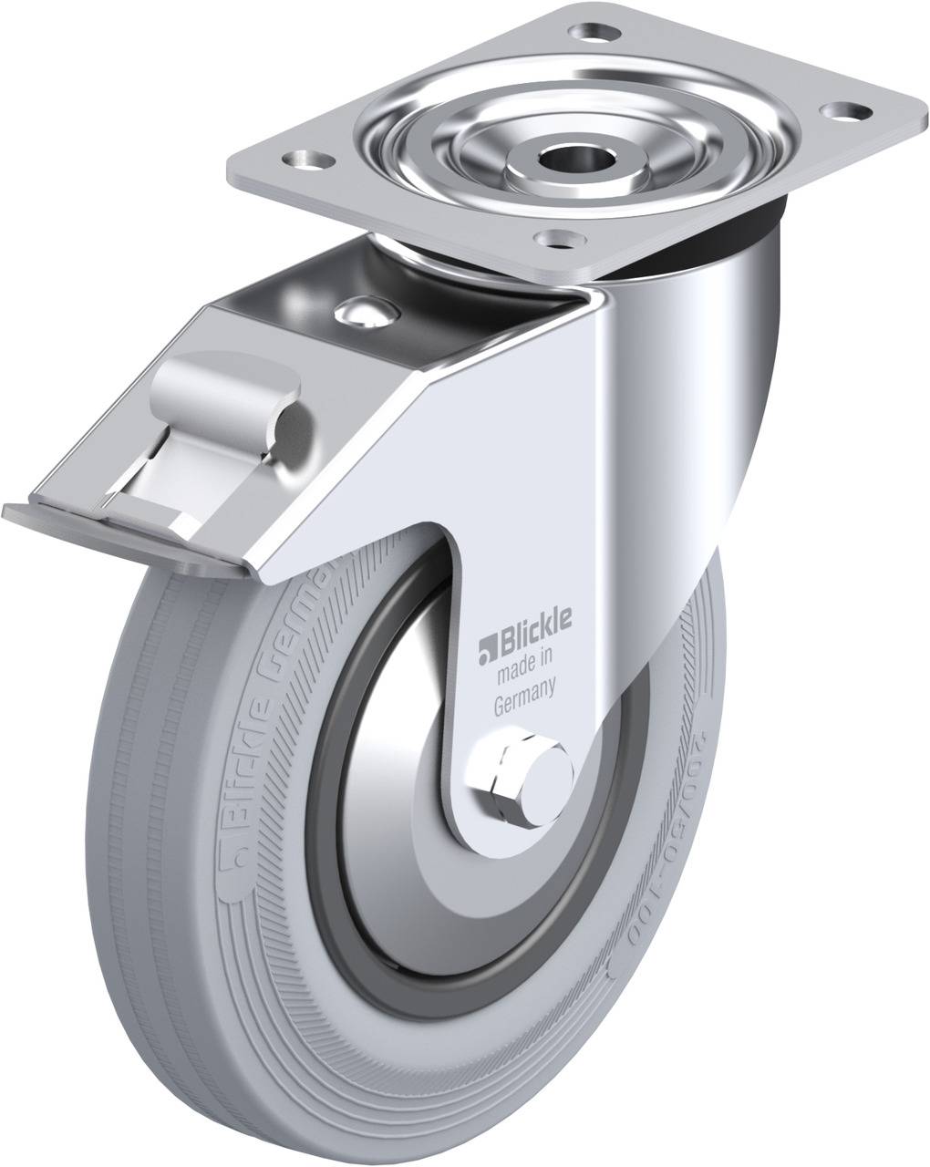 Schwenkrolle mit grauem Rad und Metallgehäuse für industrielle Anwendungen, Aufschrift 'Blickle - made in Germany' sichtbar.