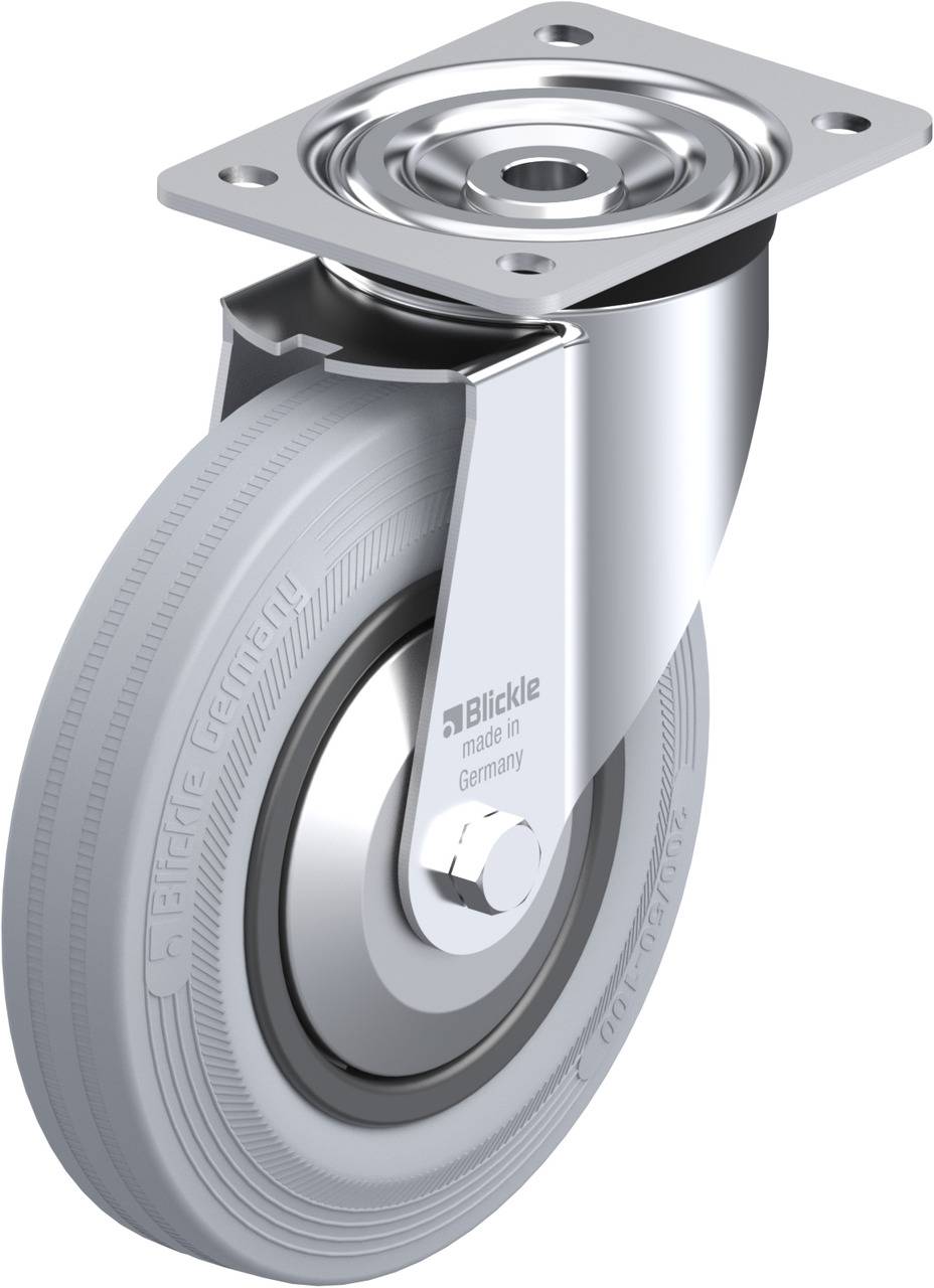 Metallisches Lenkrollenrad mit grauem Gummiband, rechteckiger Befestigungsplatte und Markenschrift 'Blickle made in Germany' auf der Seite.
