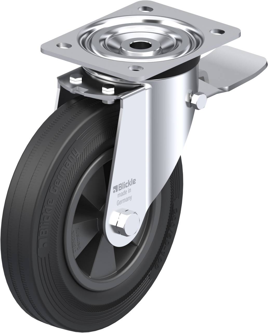 Metallenes Lenkrollenrad mit schwarzem Gummi. Edelstahlgehäuse mit Befestigungsplatte und Bremsmechanismus. Geeignet für Schwerlastmöbel oder Transportgeräte.