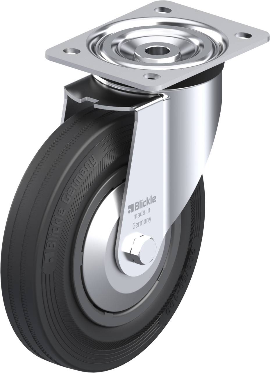 Fahrrolle mit schwarzem Gummireifen und silbernem Metallgehäuse. Markierung 'Blickle made in Germany' auf Reifenflanke.