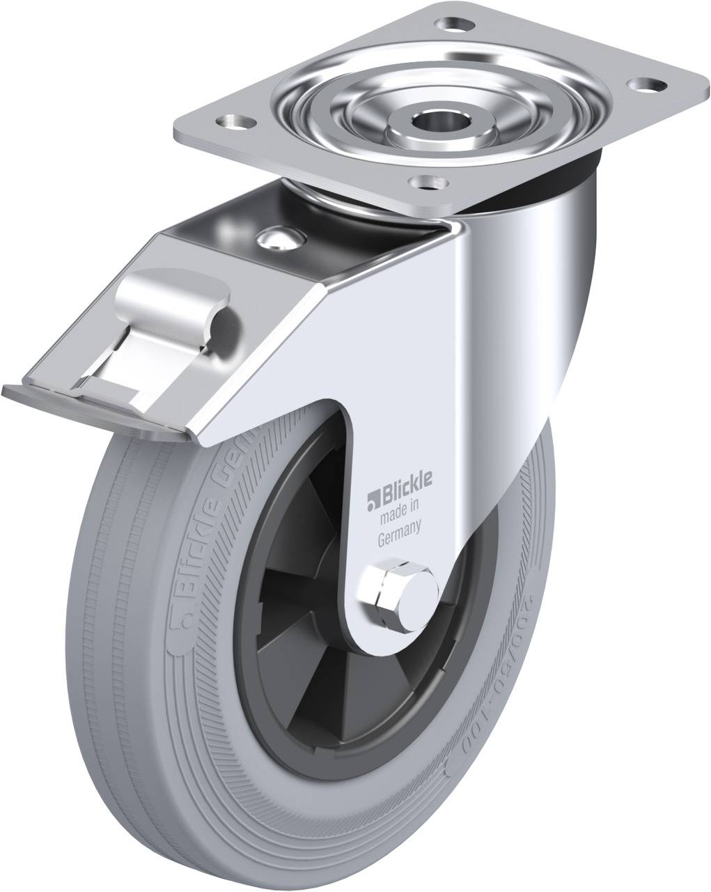 Ein drehbares Transportgerät aus Metall mit einer grauen Gummirad-Abdeckung und Beschriftung 'Blickle'. Ideal zur Ausstattung von Möbeln oder Maschinen.