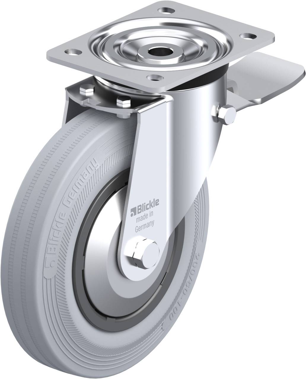 Schwenkrolle mit grauem Gummirad und Metallhalterung, hergestellt in Deutschland. Geeignet für schwere Lasten und leicht montierbar.