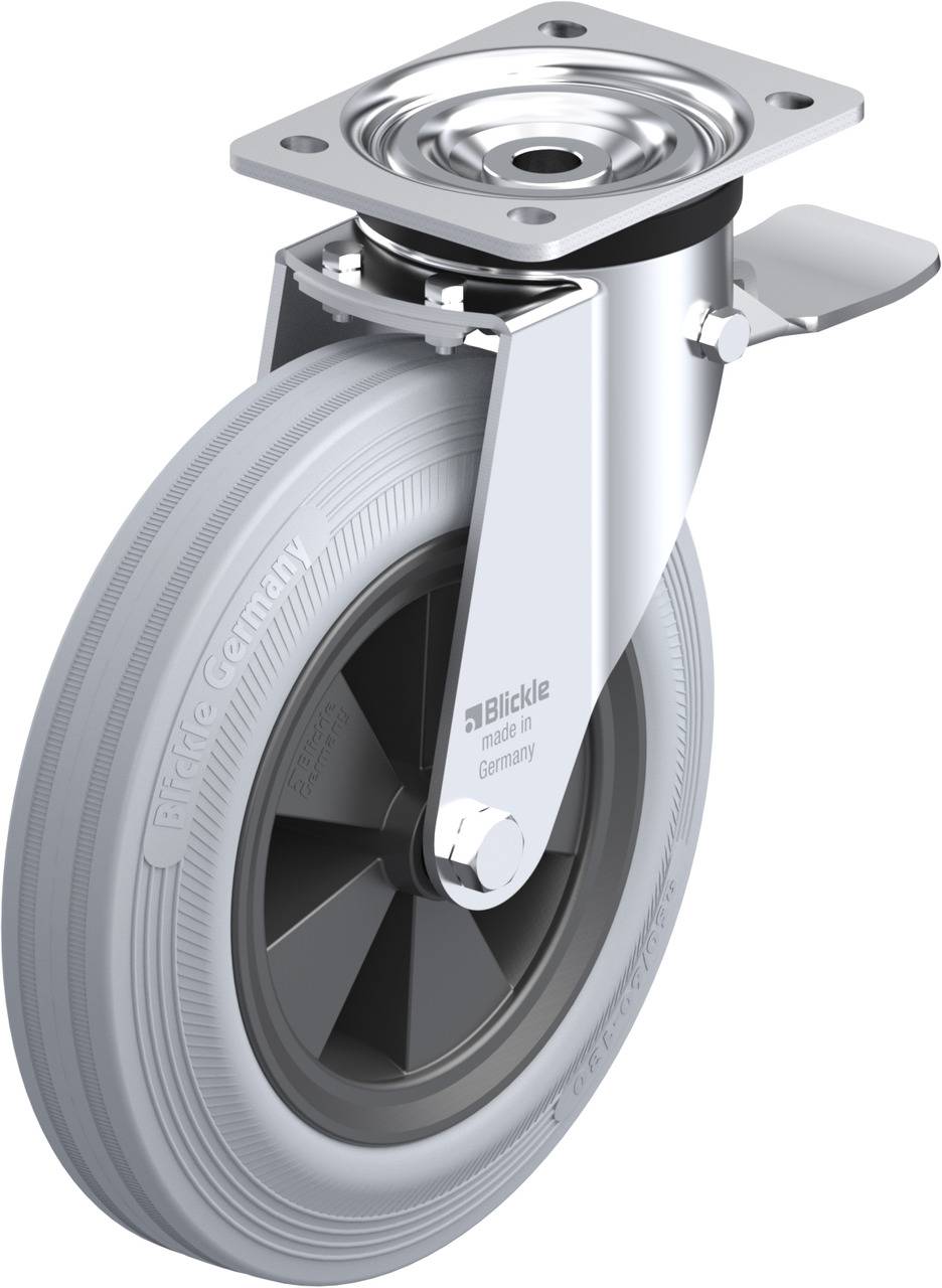 Graue, drehbare Gummirolle mit Metallhalterung für Transportgerüste. Die Rolle ist robust und für industrielle Anwendungen geeignet.