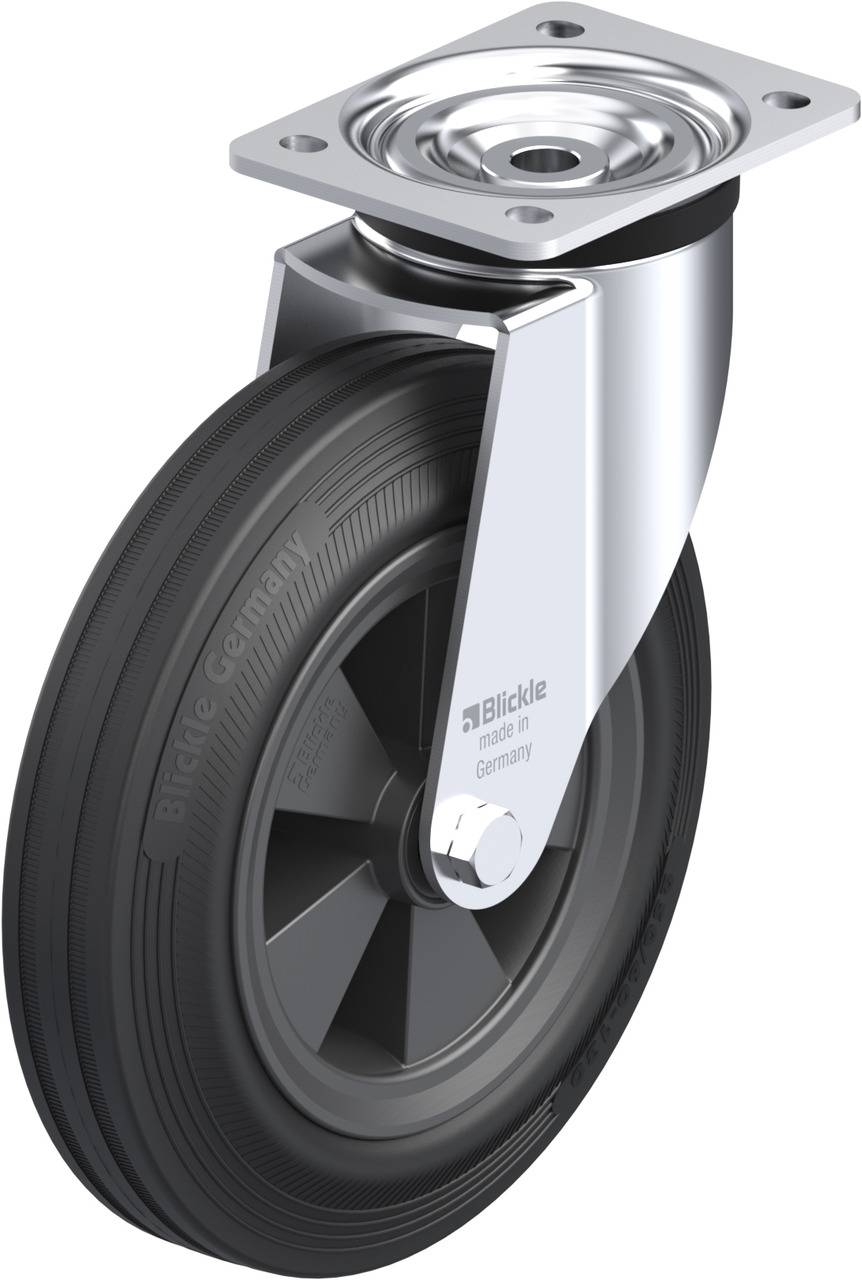 Metall-Rollenhalter mit schwarzem Rad aus Gummi, Markennamen 'Blickle' und 'Made in Germany' auf der Radseite ersichtlich.