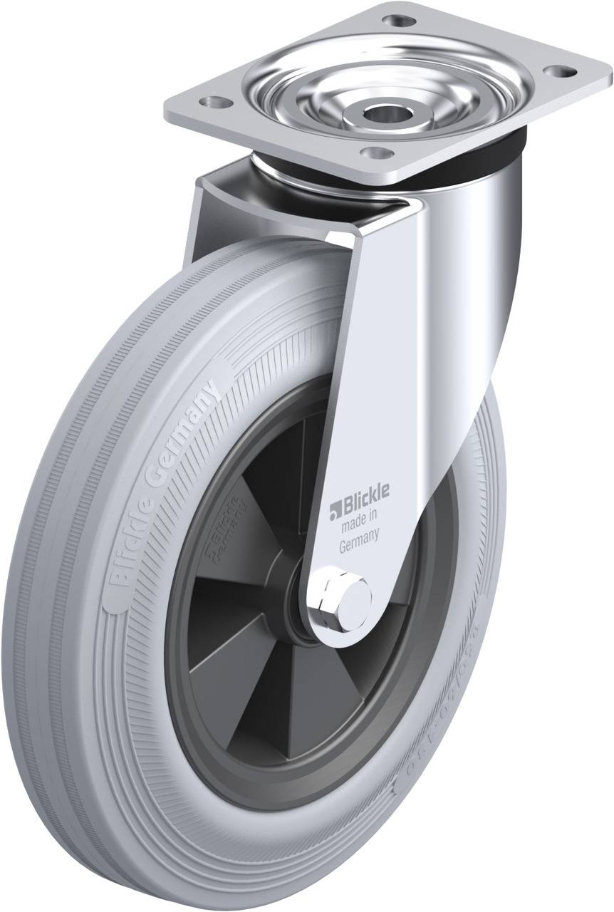 Graues Schwenkrad mit Metallhalterung, seitlich abgebildet. Es zeigt das Markenzeichen 'Blickle' und ist für Transportgeräte geeignet.