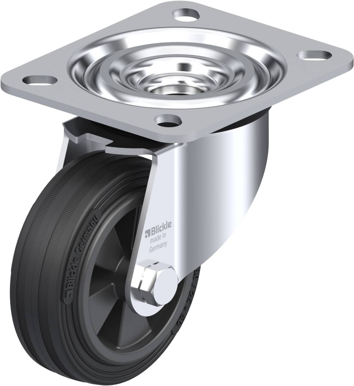 Ein Lenkrollenrad mit einer drehbaren Metallhalterung. Das Rad besteht aus schwarzem Kunststoff und die Halterung aus glänzendem Metall.