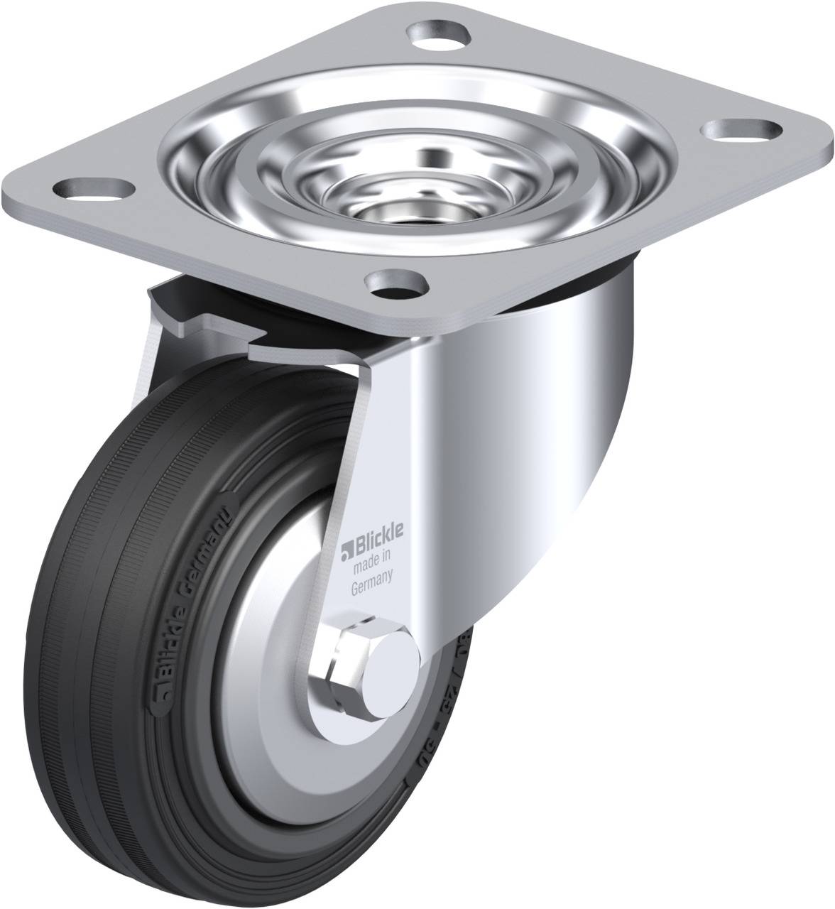 Schwenkrolle aus Metall mit schwarzem Rad, geeignet für industrielle Anwendungen. Deutliche Gravur 'Blickle made in Germany'.