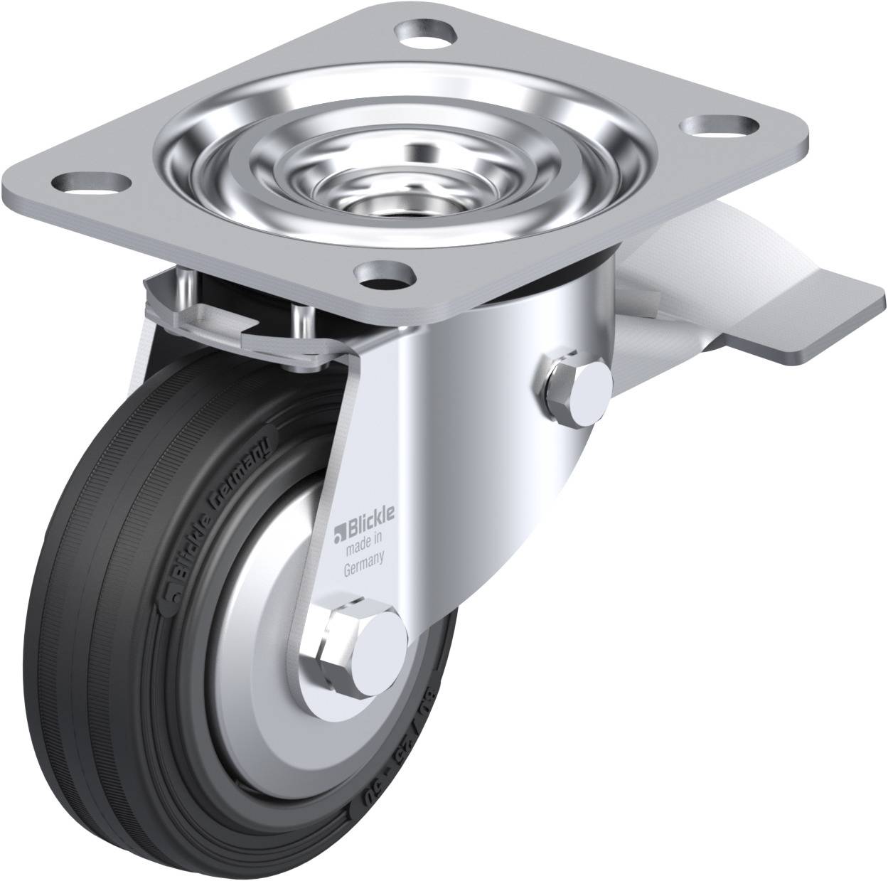 Schwenkrolle aus Metall mit Gummirad, geeignet für industrielle Anwendungen. Sie ist an einer flachen Metallplatte montiert.