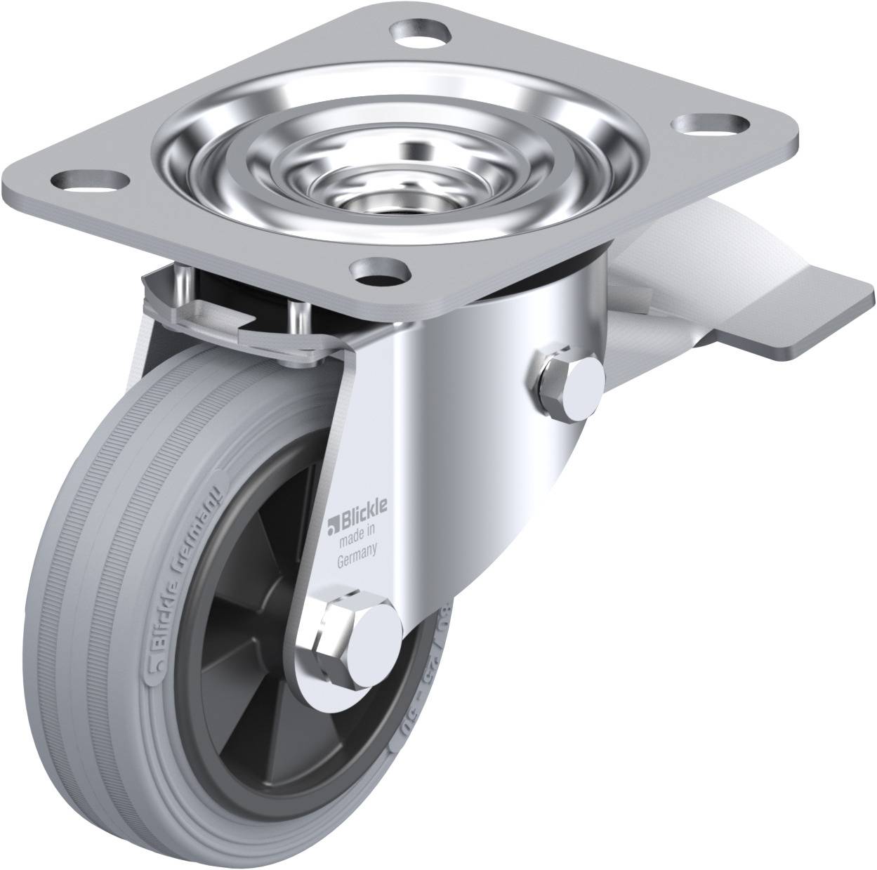 Silbernes Lenkrolle aus Metall und Gummi mit quadratischer Befestigungsplatte, Bolzen und Schrauben. Geeignet für industrielle Anwendungen.