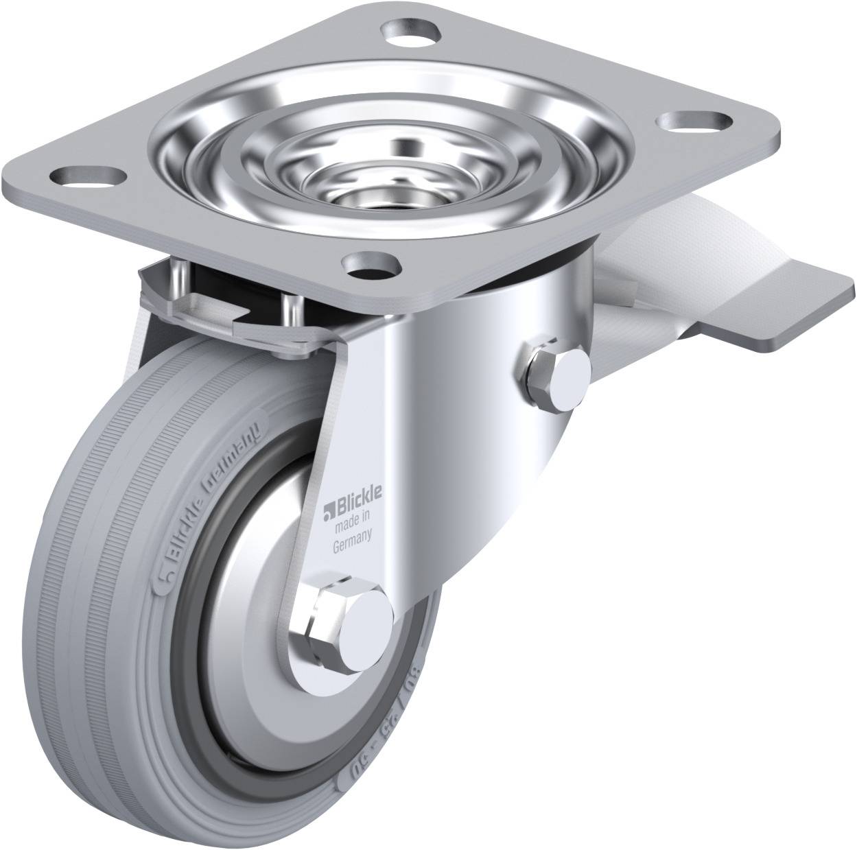 Metallisches Dreh-Rollenrad mit grauem Gummireifen, geeignet für industrielle Anwendungen und transportierbare Geräte.