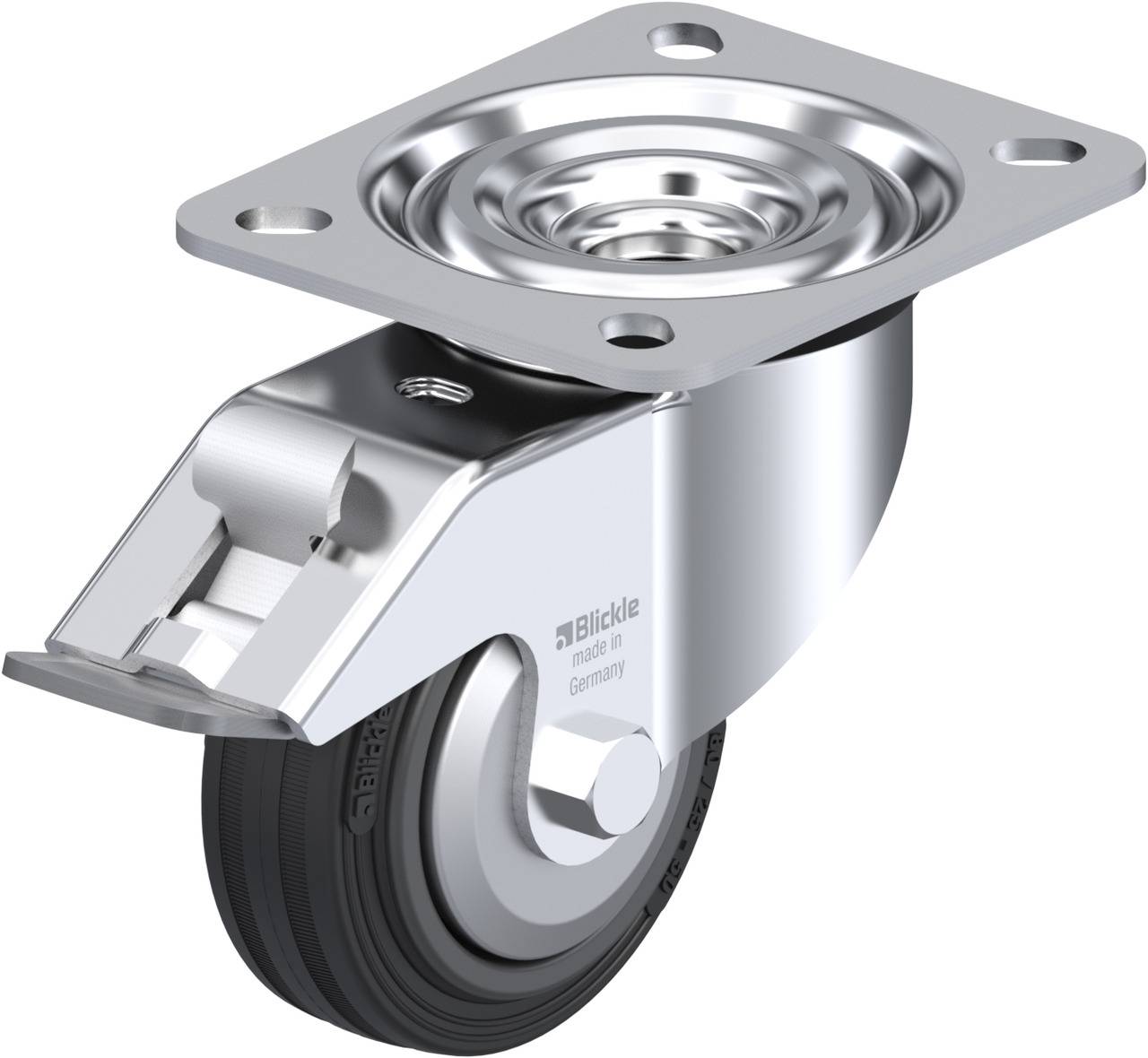 Metallrolle mit schwarzem Gummirad und Befestigungsplatte, geeignet für Möbel oder Arbeitsgeräte, auf weißem Hintergrund.