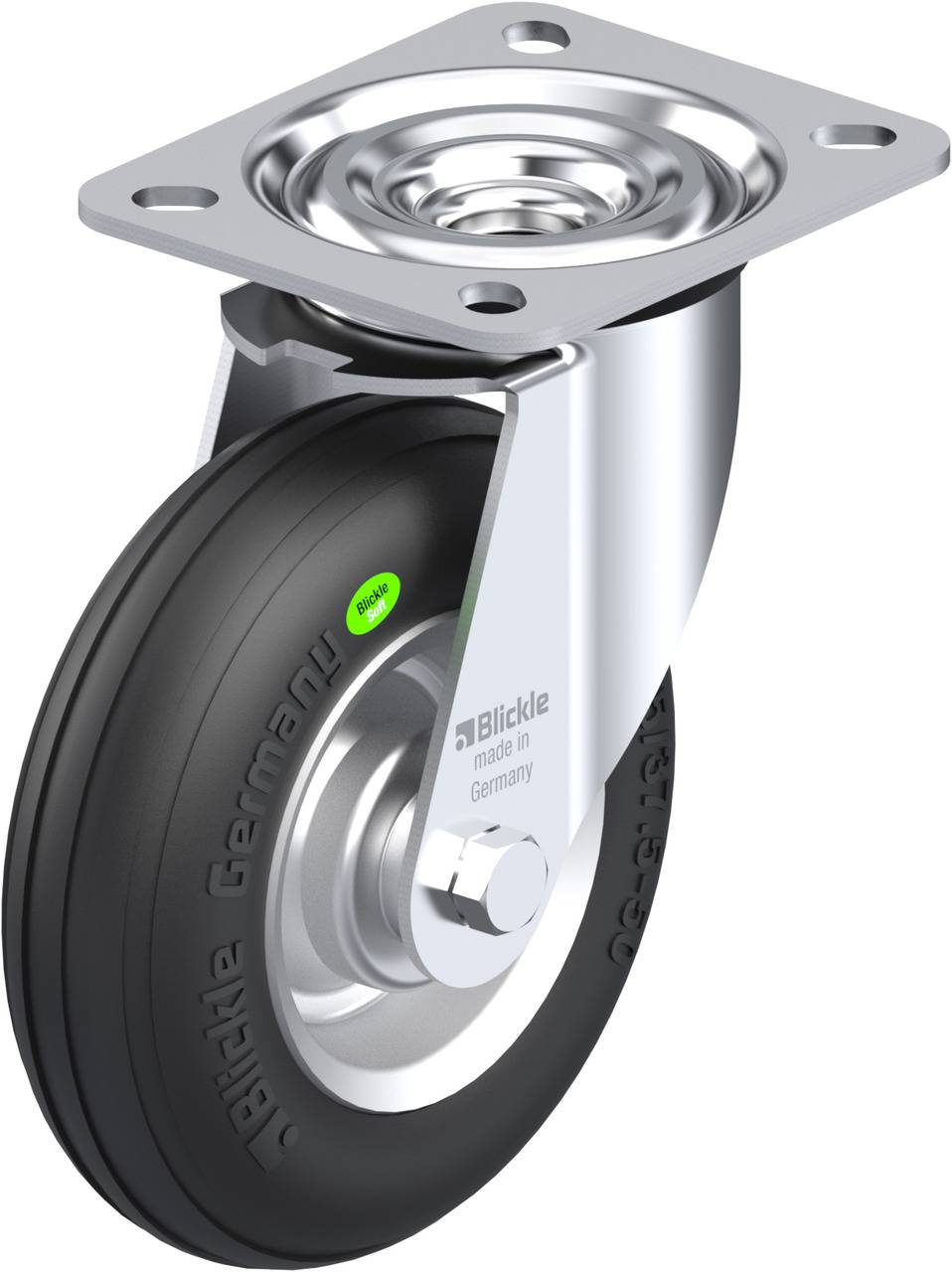 Schwenkrolle mit schwarzem Rad aus Gummi und Metallhalterung, geeignet für Möbel oder Geräte, trägt das Logo der Firma 'Blickle'.