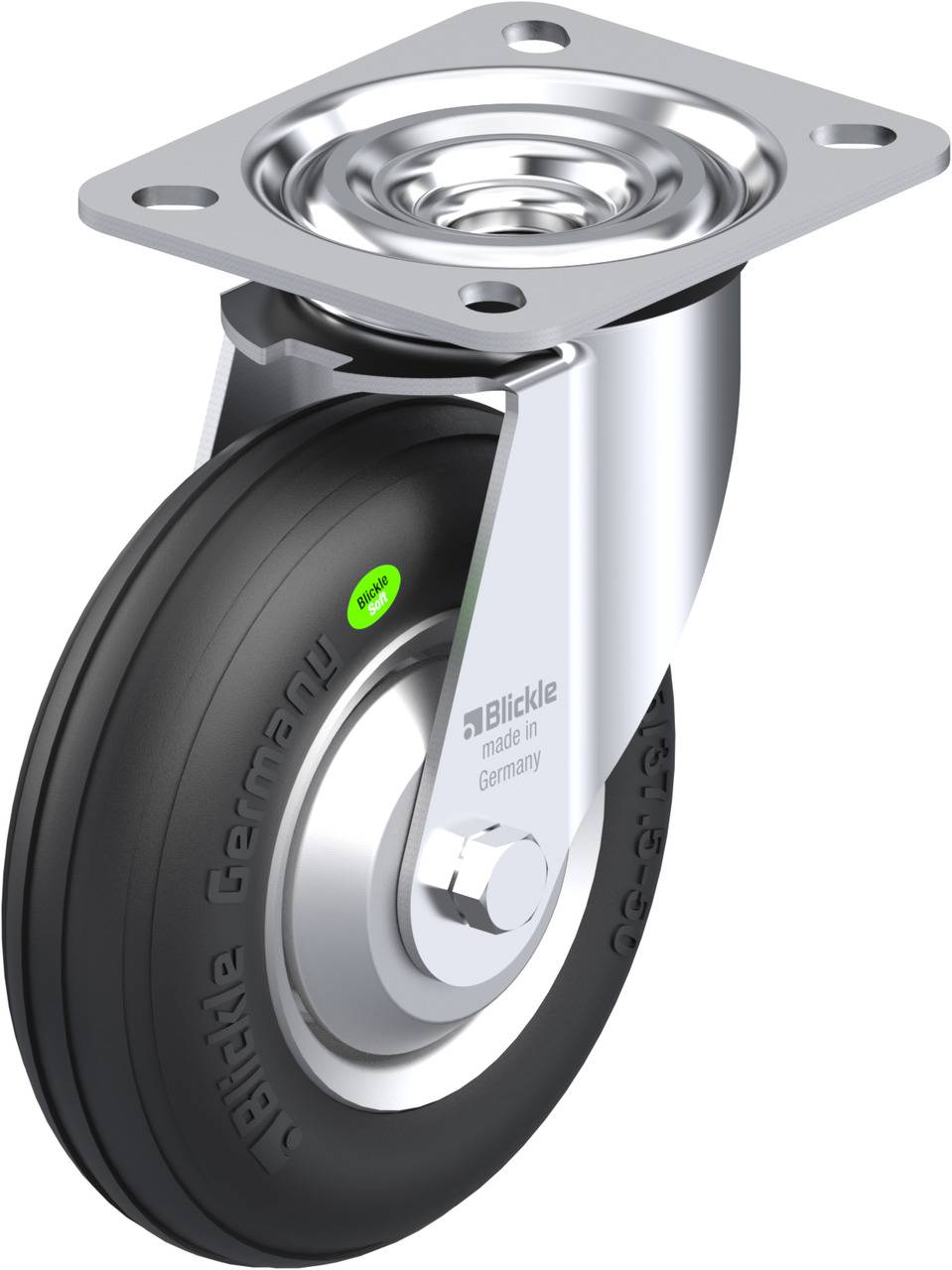 Transportrolle mit schwarzem Rad und silbernem Metallgehäuse, geeignet für industrielle Anwendungen.