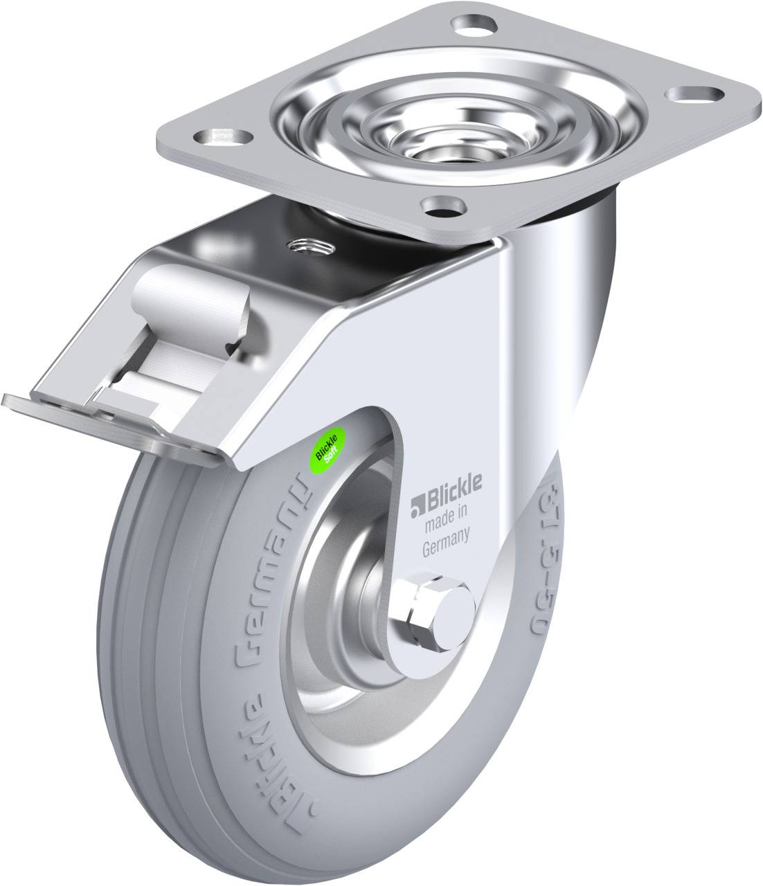 Schwenkrolle aus Metall mit grauem Rad, Hersteller 'Blickle', auf einer Montageplatte.  Geeignet für Möbel und industrielle Anwendungen.