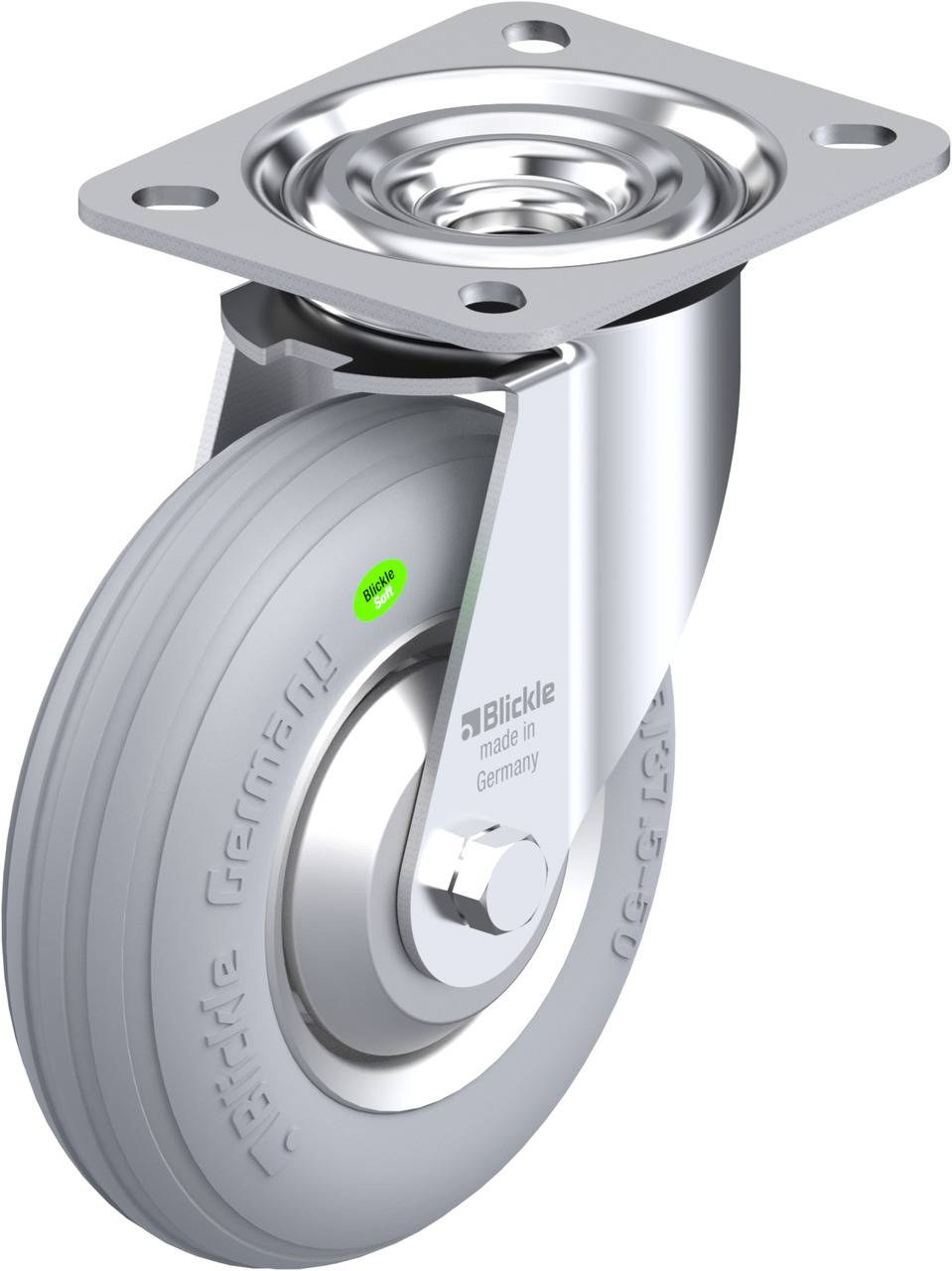 Schwenkrolle mit grauem Rad und Metallgehäuse. Aufschrift auf der Seitenfläche des Rads: 'Blickle made in Germany'.