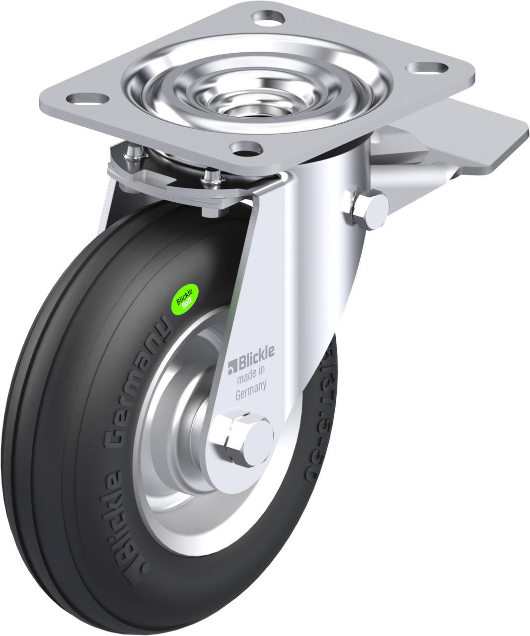 Drehbares Transportgerät-Rad aus Edelstahl mit schwarzer, gummierter Bereifung. Aufschrift auf dem Rad: 'Blickle Germany'.