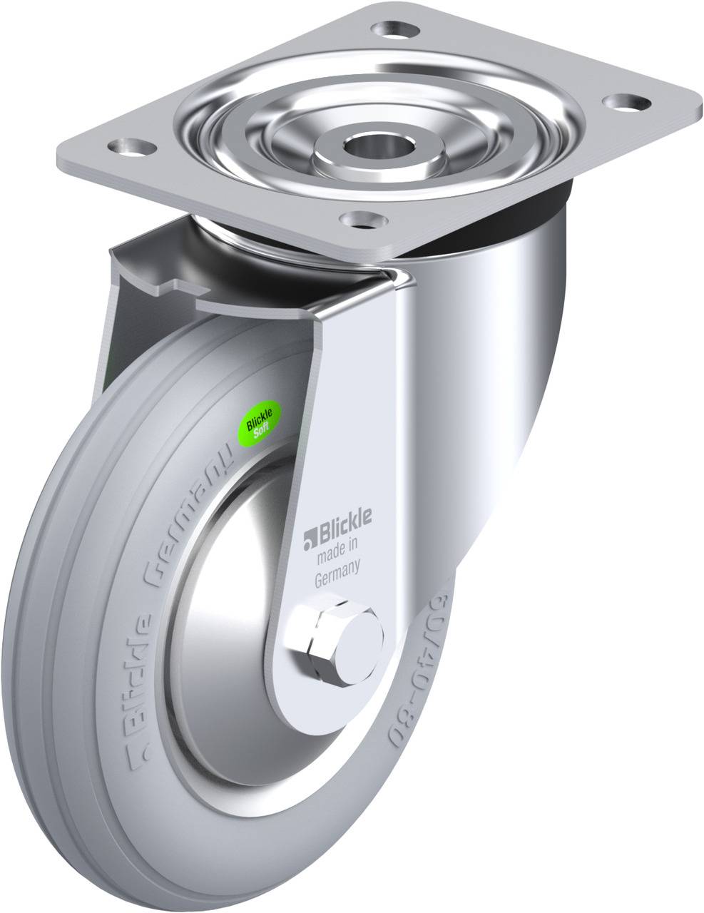Lenkrolle aus Metall mit grauem Rad und Aufnahmeplatte. Markiert mit 'Blickle made in Germany'. Geeignet für industriellen Einsatz.
