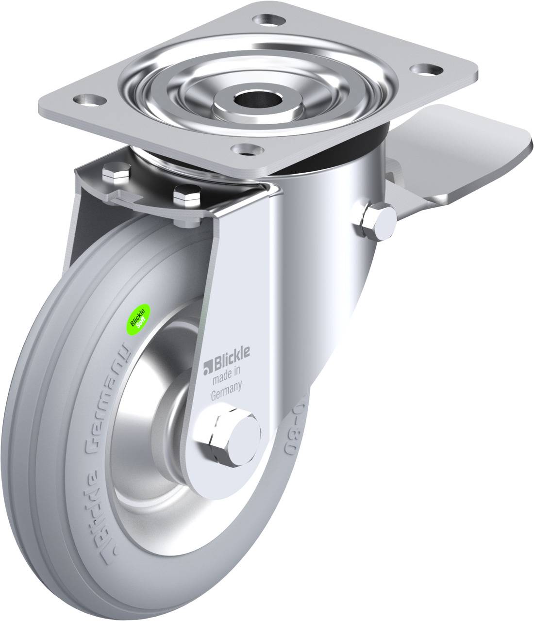 Industrie-Stahlrollenlager, grau, mit Halterung aus Metall. Markierungen zeigen 'Blickle', 'Made in Germany'. Verwendet in Maschinen.