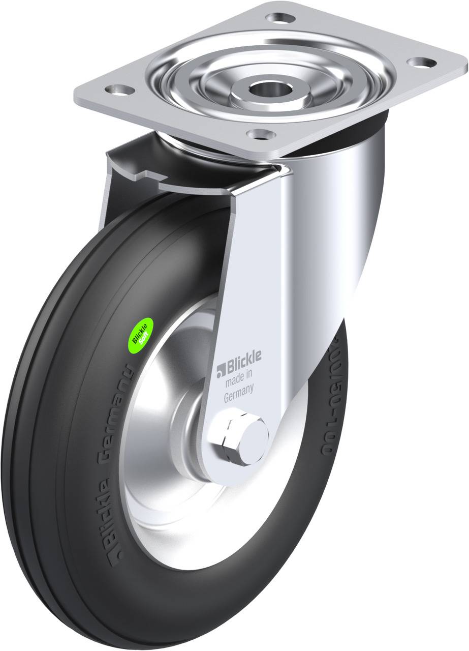 Graues Lenkrollenrad mit Gummireifen und Metallgehäuse, geeignet für industrielle Anwendungen oder Möbel.