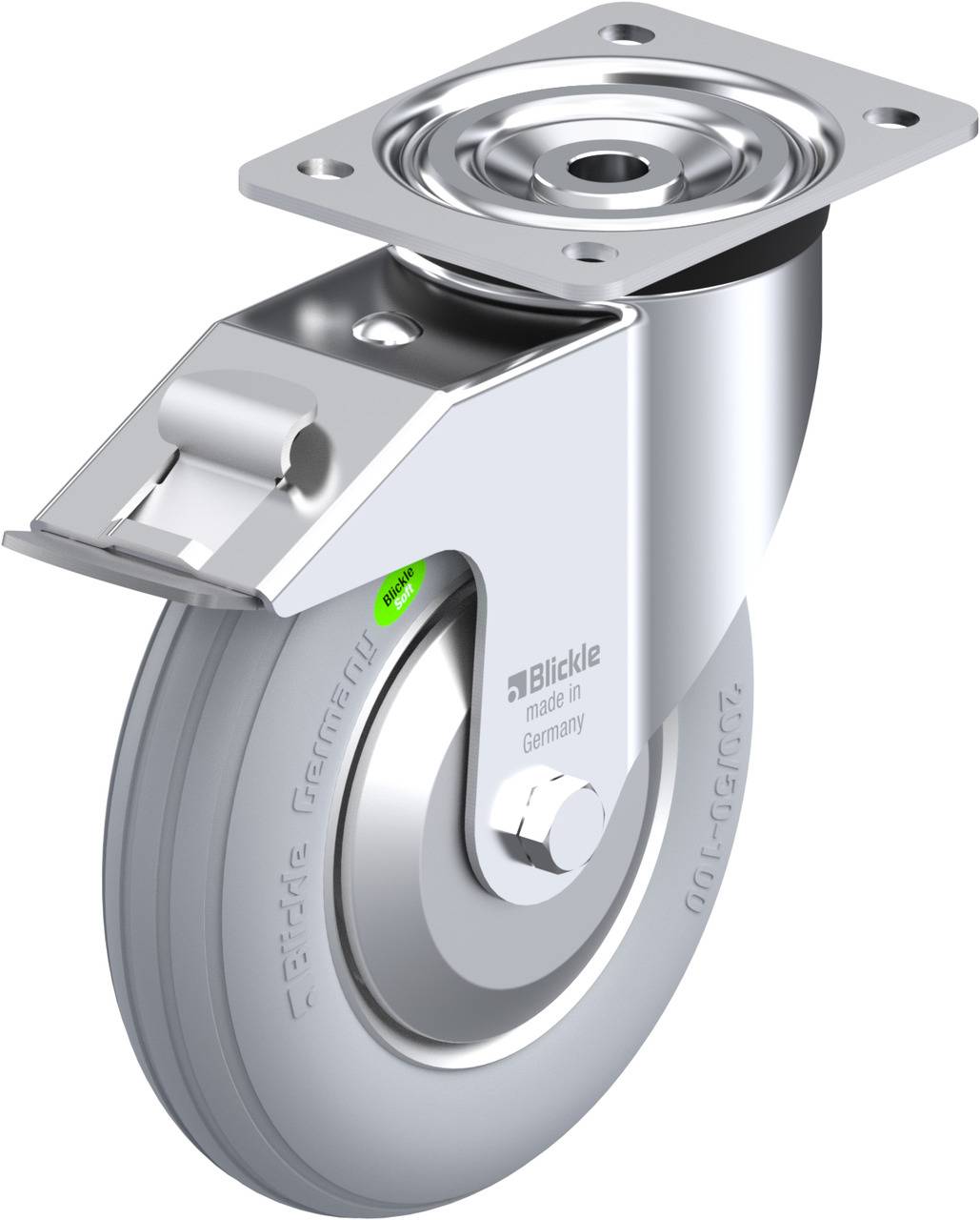 Eine robuste Lenkrolle aus Metall mit Befestigungsplatte, geeignet für schwere Lasten. Aufschrift 'Blickle made in Germany'.