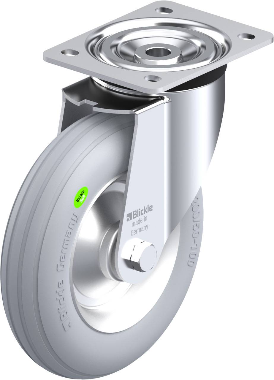 Ein silbernes Metall-Lenkrollenrad mit grauem Gummireifen, geeignet für Industrieanwendungen, Markenname 'Blickle' sichtbar.