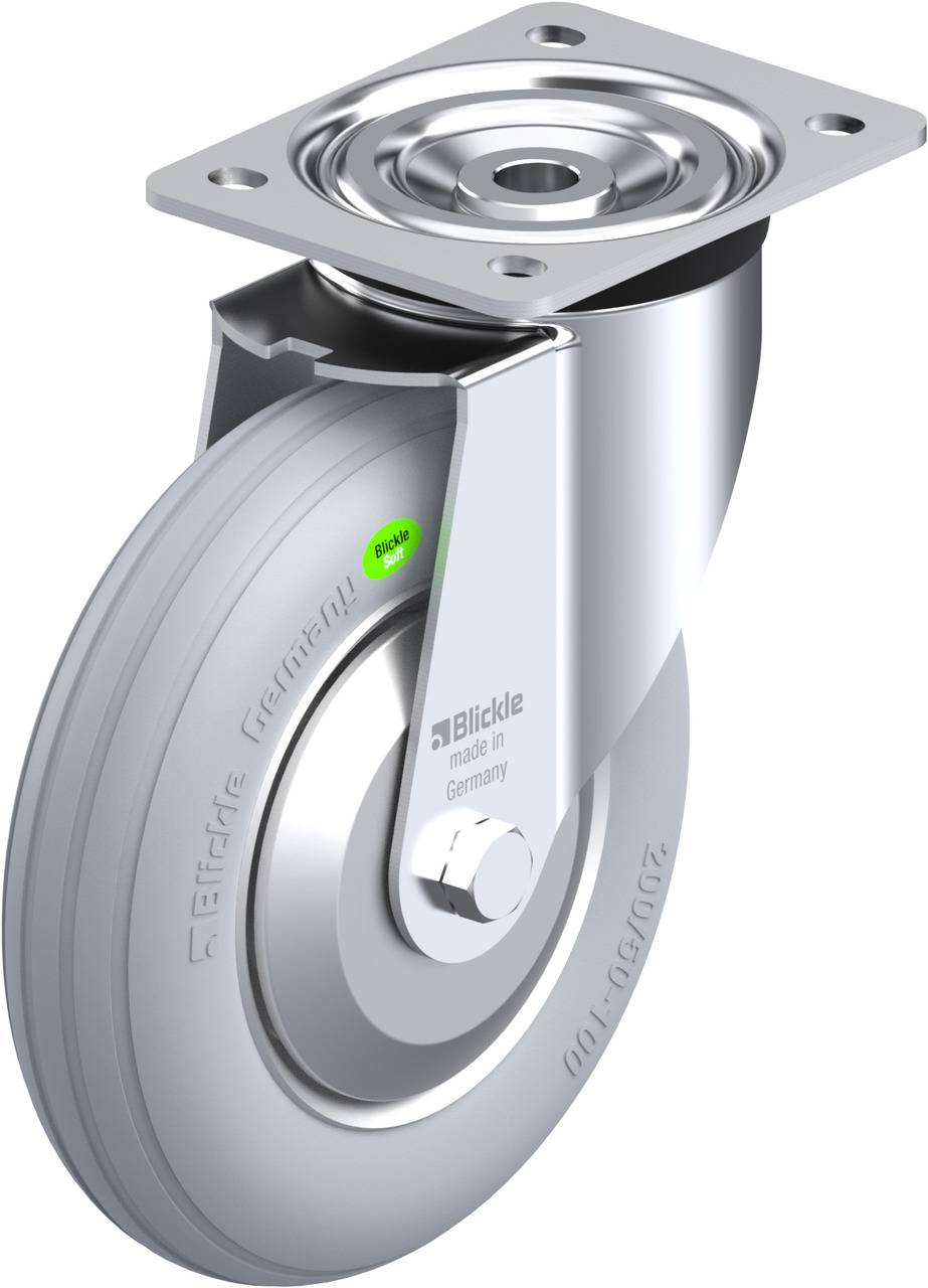 Schwenkrolle mit grauem Rad und Befestigungsplatte, geeignet für industrielle Anwendungen in Deutschland, Markenname 'Blickle'.