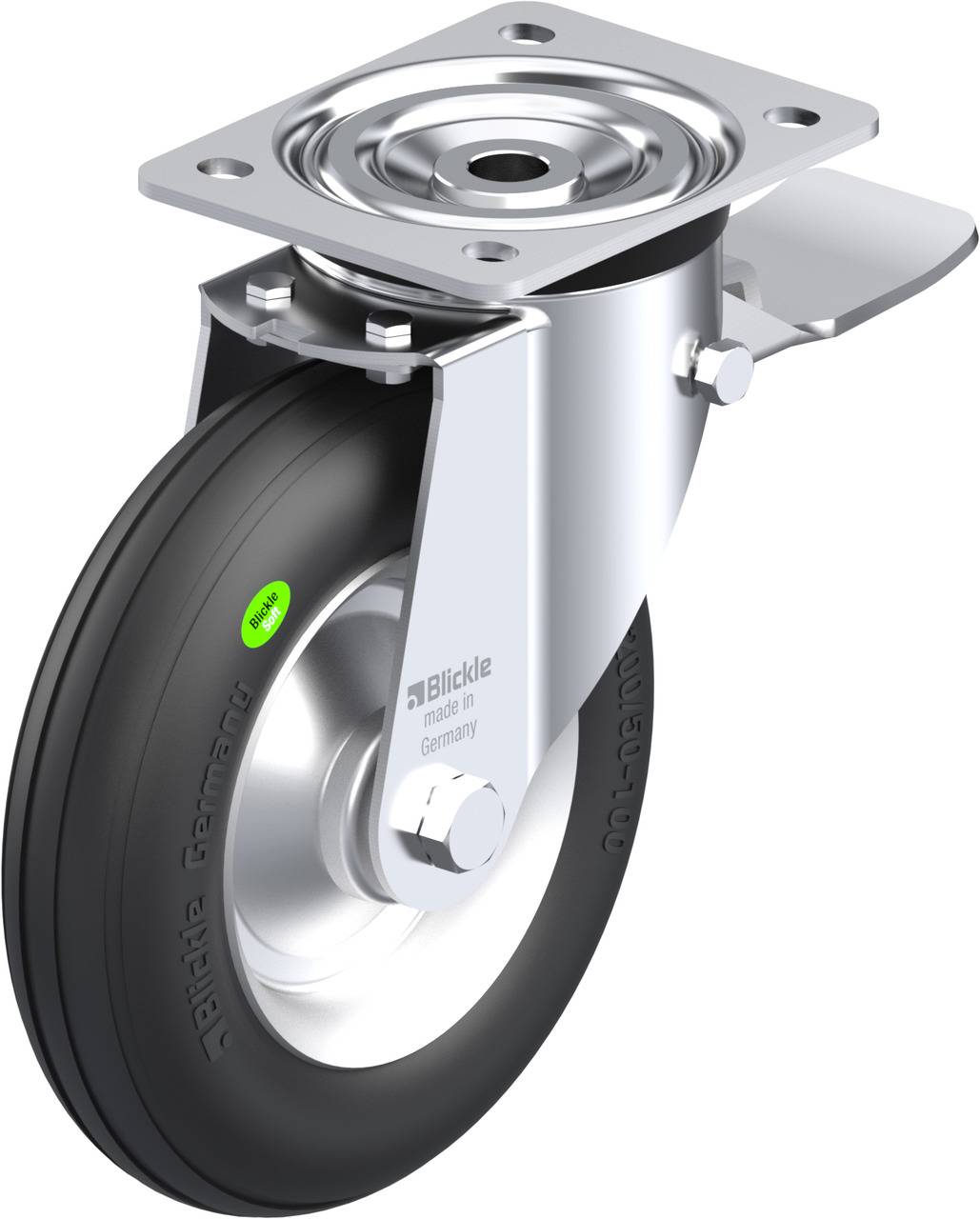 Gummirad mit Metallhalterung und drehbarer Befestigung. Die Beschriftung lautet 'Blickle made in Germany', geeignet für Geräte.