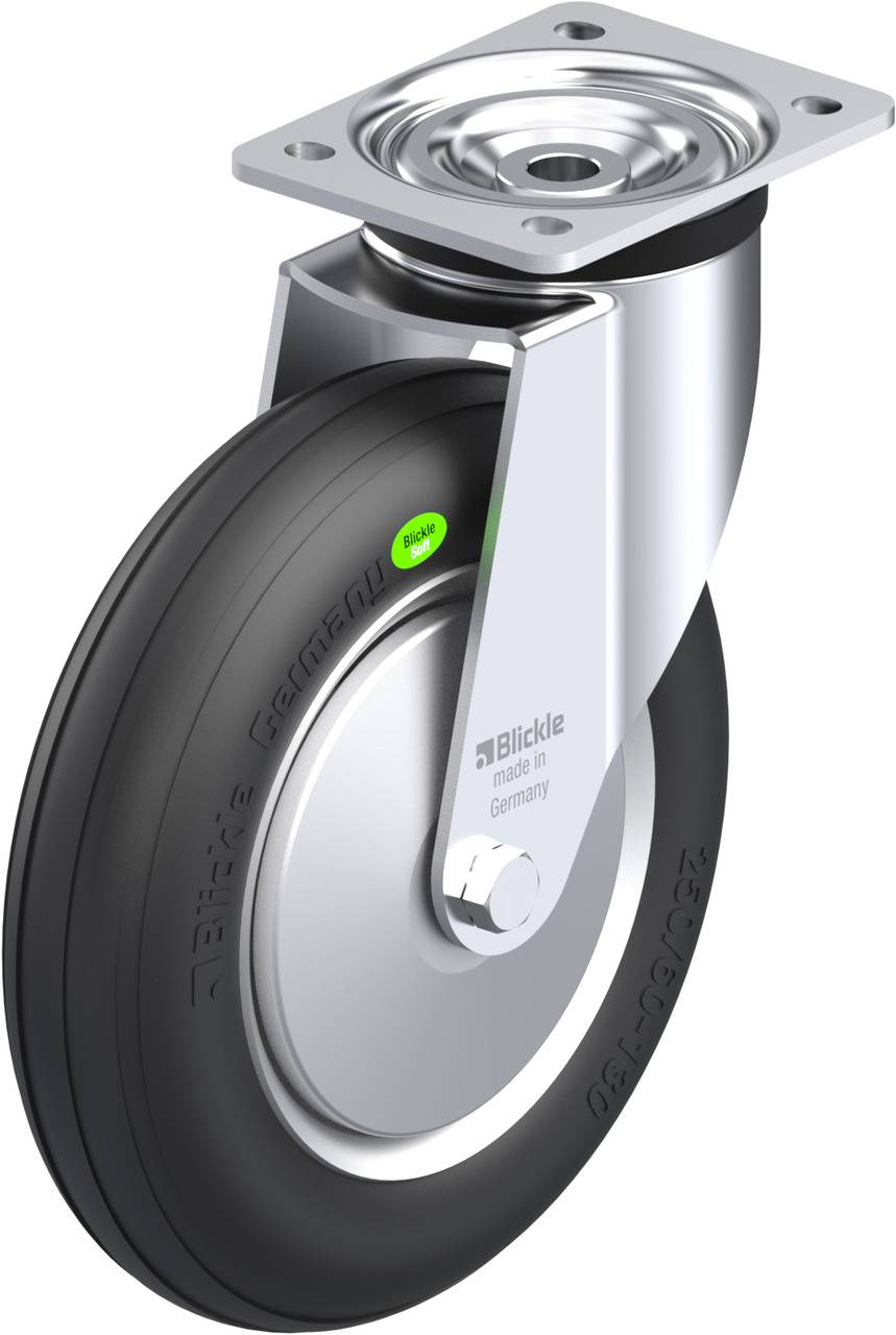 Metalllenkrolle mit schwarzem Gummirad, markiert mit 'Blickle', hergestellt in Deutschland. Geeignet für schwere Lasten und industrielle Anwendungen.