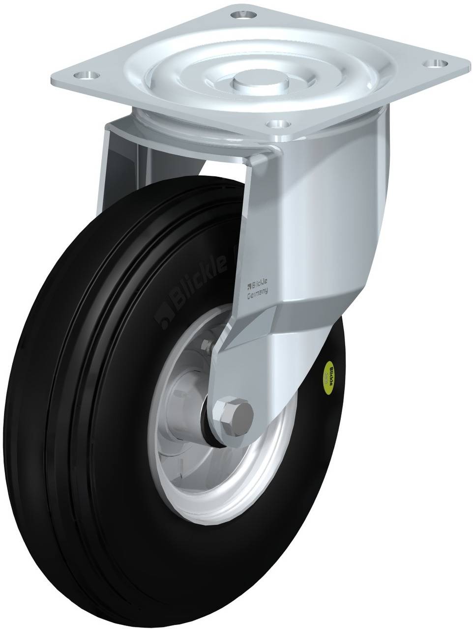 Ein silbernes Lenkrollenrad mit schwarzem Reifen und Metallhalterung, geeignet für industrielle Anwendungen.