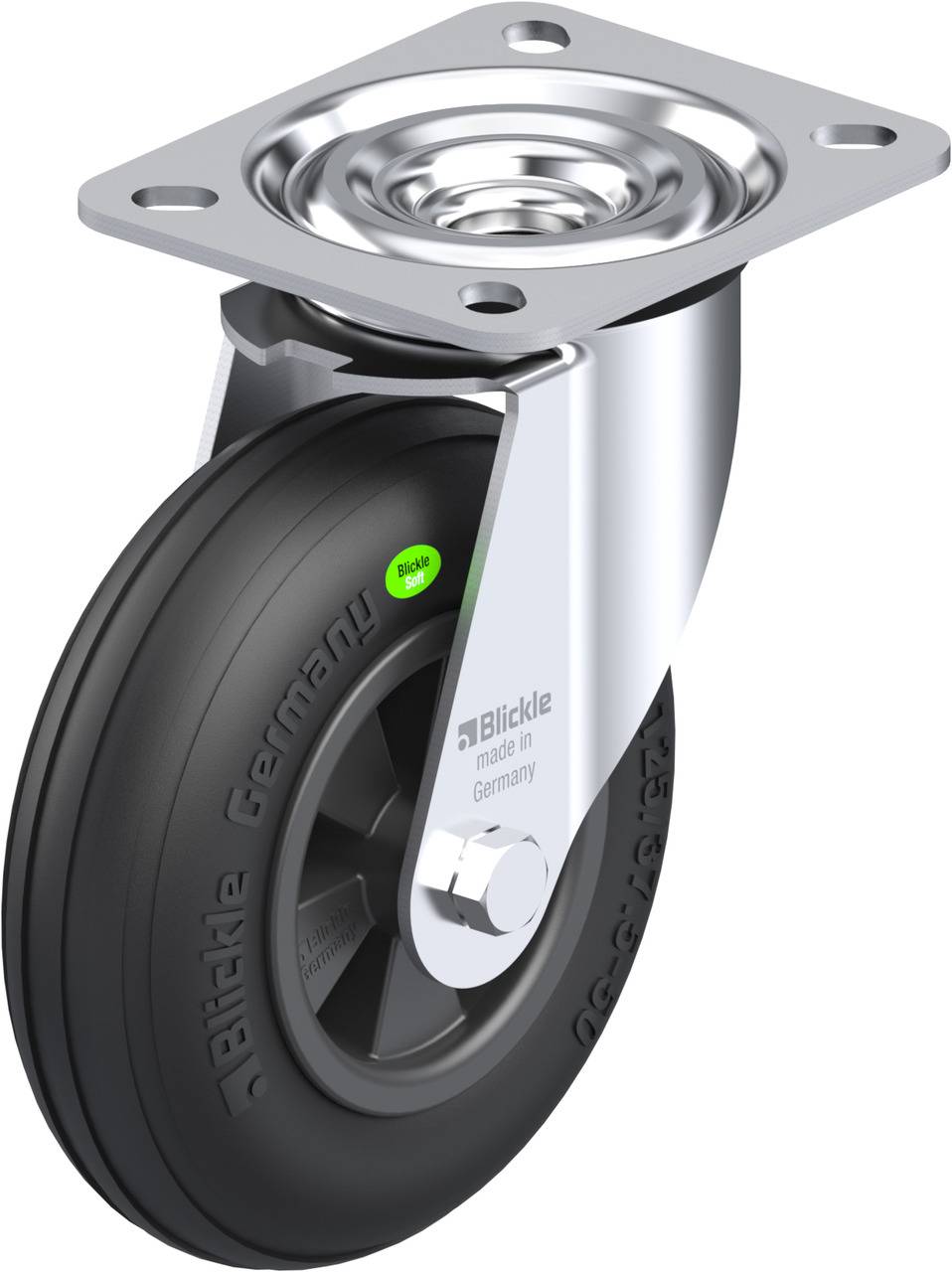 'Schwenkrolle mit schwarzem Rad und silberner Halterung. Auf dem Reifen steht 'Blickle Germany'.'