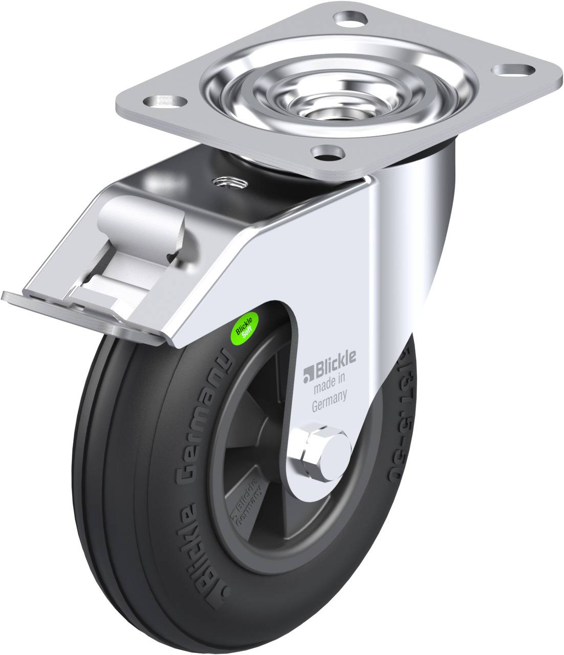 Eine Lenkrolle mit Metallgehäuse, schwarzem Rad und Befestigungsplatte. Markenname 'Blickle' auf dem Rad.