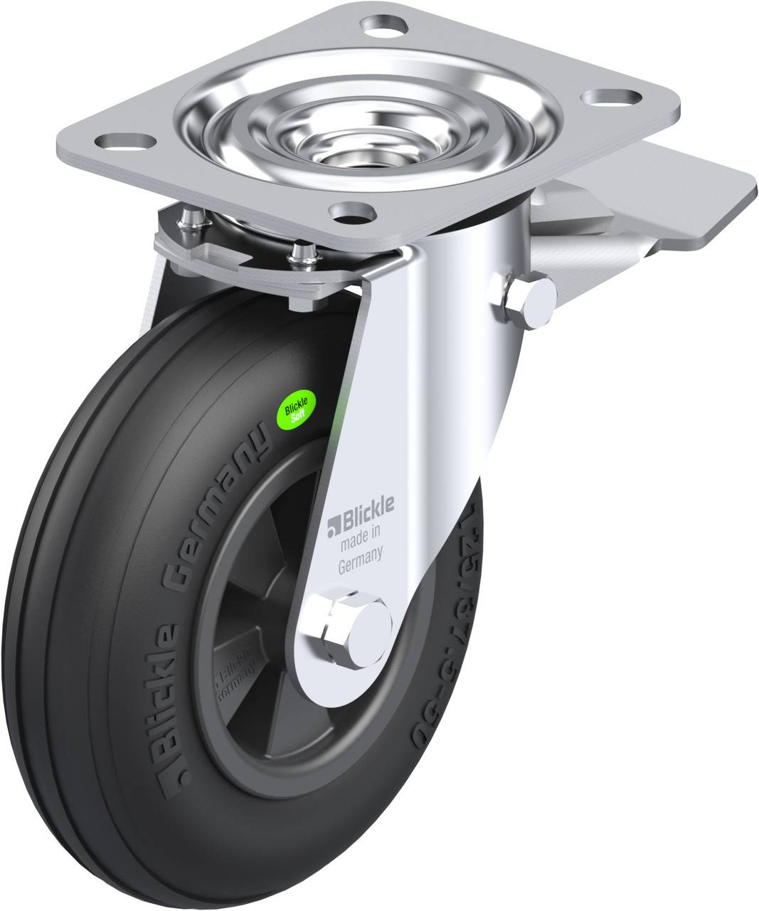 Eine lenkbare Schwerlastrolle aus Metall mit schwarzem Gummirad, beschriftet mit 'Blickle Germany'. Sie hat eine grüne Markierung.