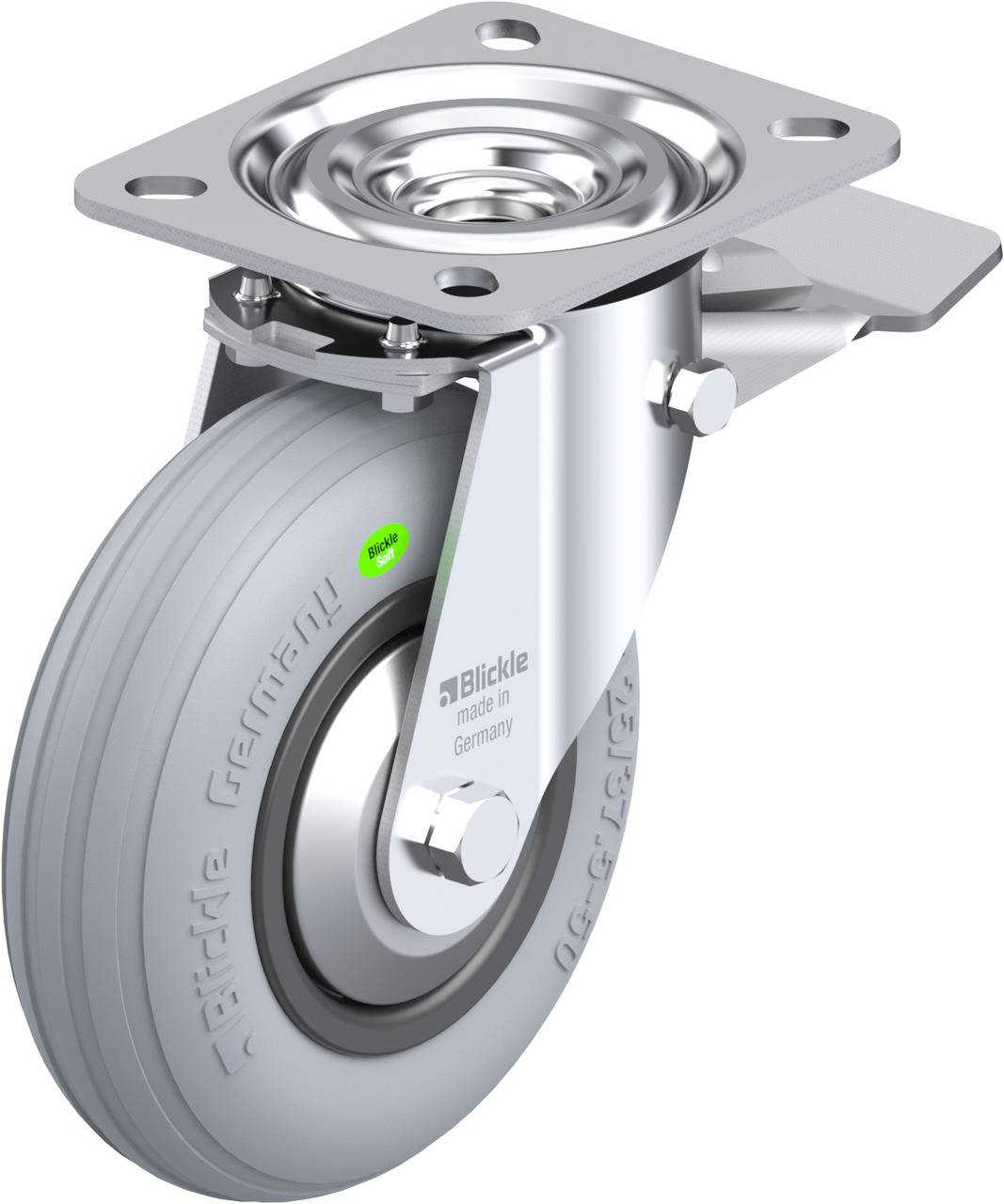 Ein silbernes Lenkrollenrad aus Metall mit grauer Gummibereifung, geeignet für industrielle Anwendungen. Markierung 'made in Germany'.