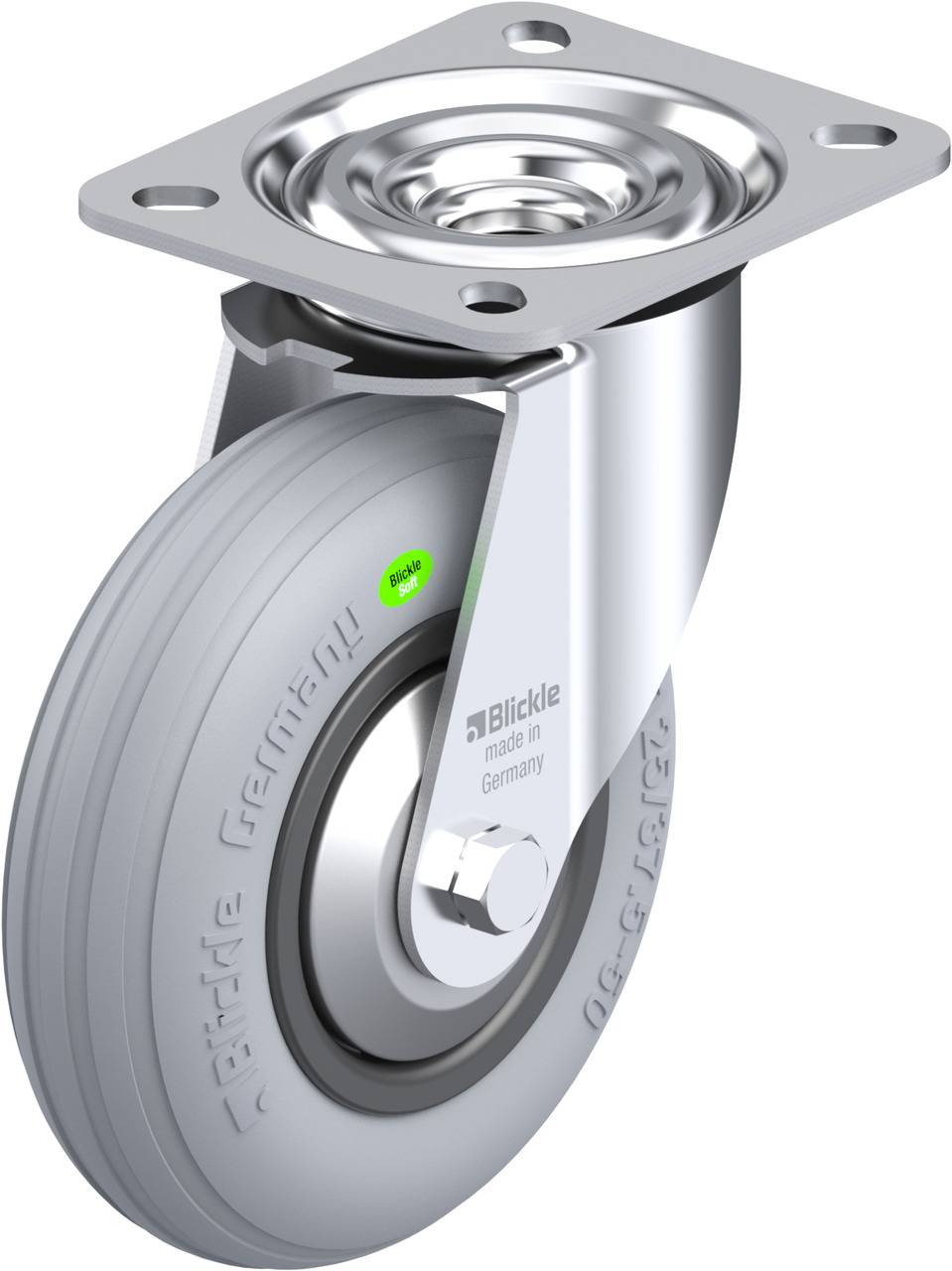 Graues, drehbares Rollenrad mit Metallhalterung, geeignet für Möbel oder Geräte, auf der Oberfläche steht 'Blickle made in Germany'.