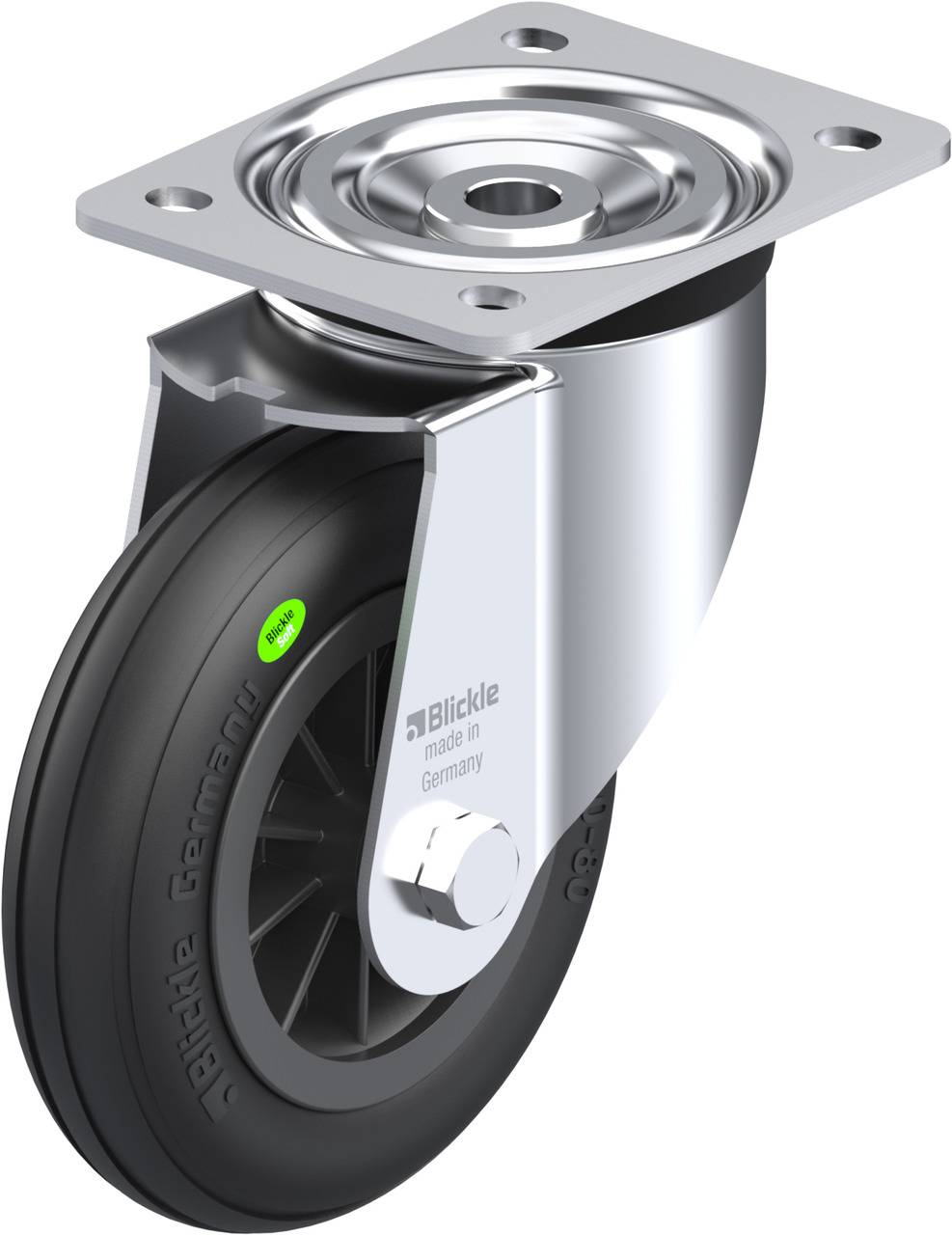 Metallrad mit schwarzem Gummireifen, drehbares Metallgehäuse, Befestigungsplatte oben.